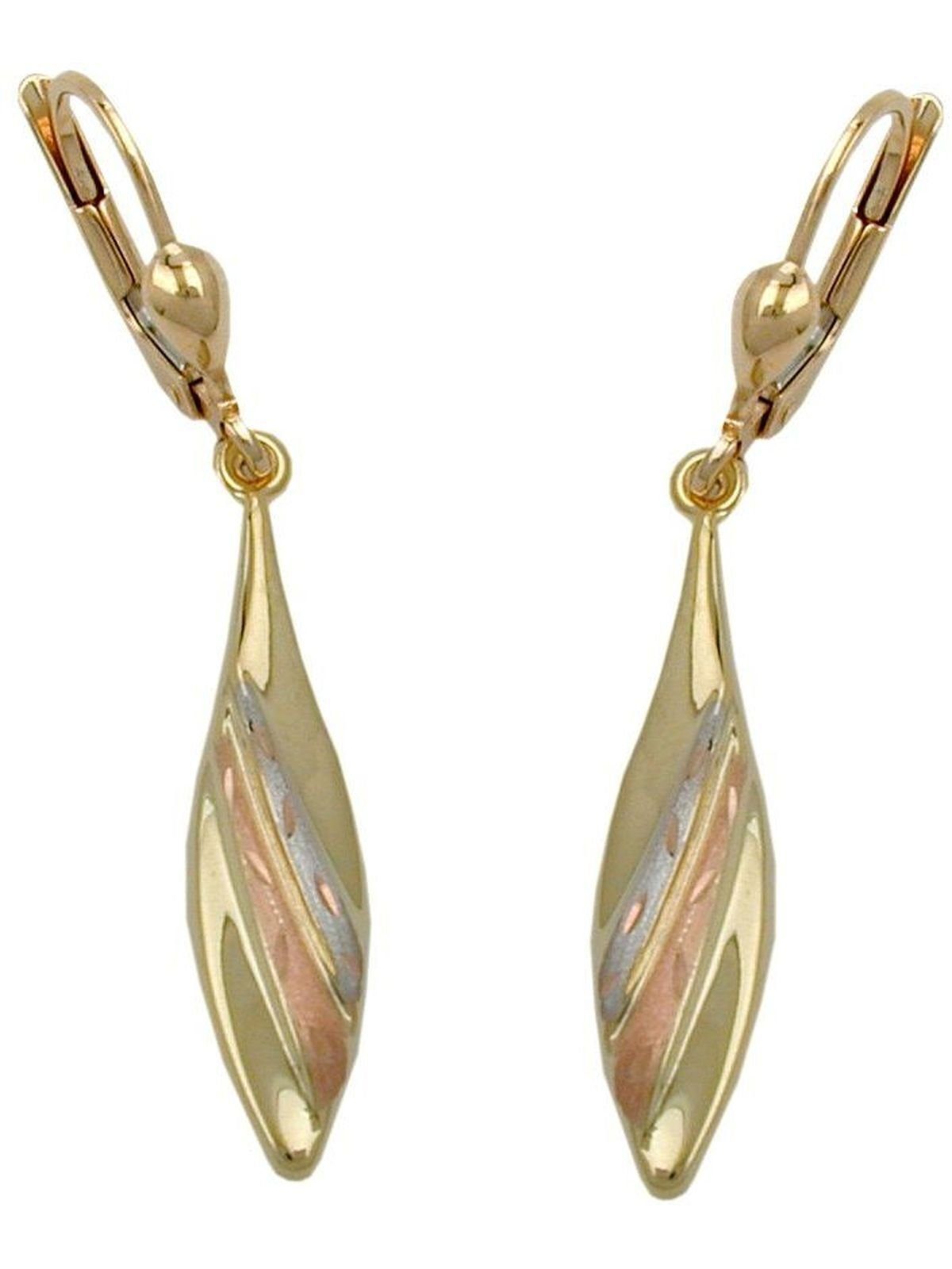 Gallay Paar Ohrhänger Ohrhänger Ohrringe 41x6mm tricolor teilmattiert diamantiert 9Kt GOLD (1-tlg)