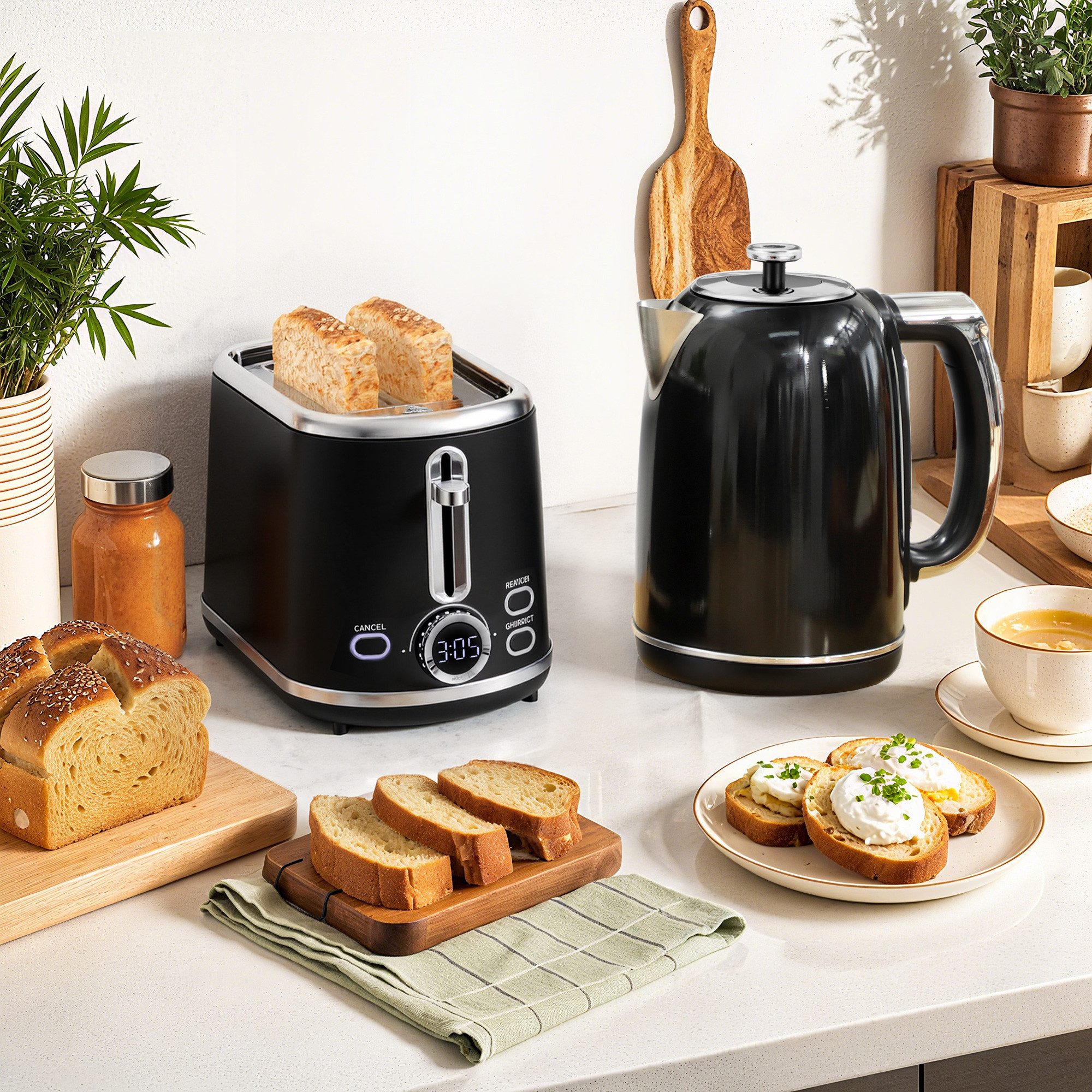 HOMCOM Toaster Wasserkocher Set 1,7L Edelstahl Memory-Funktion, Wasserkocher-Toaster-Set, für Frühstückszubereitung, 2200 W, mit LED-Display, Schwarz