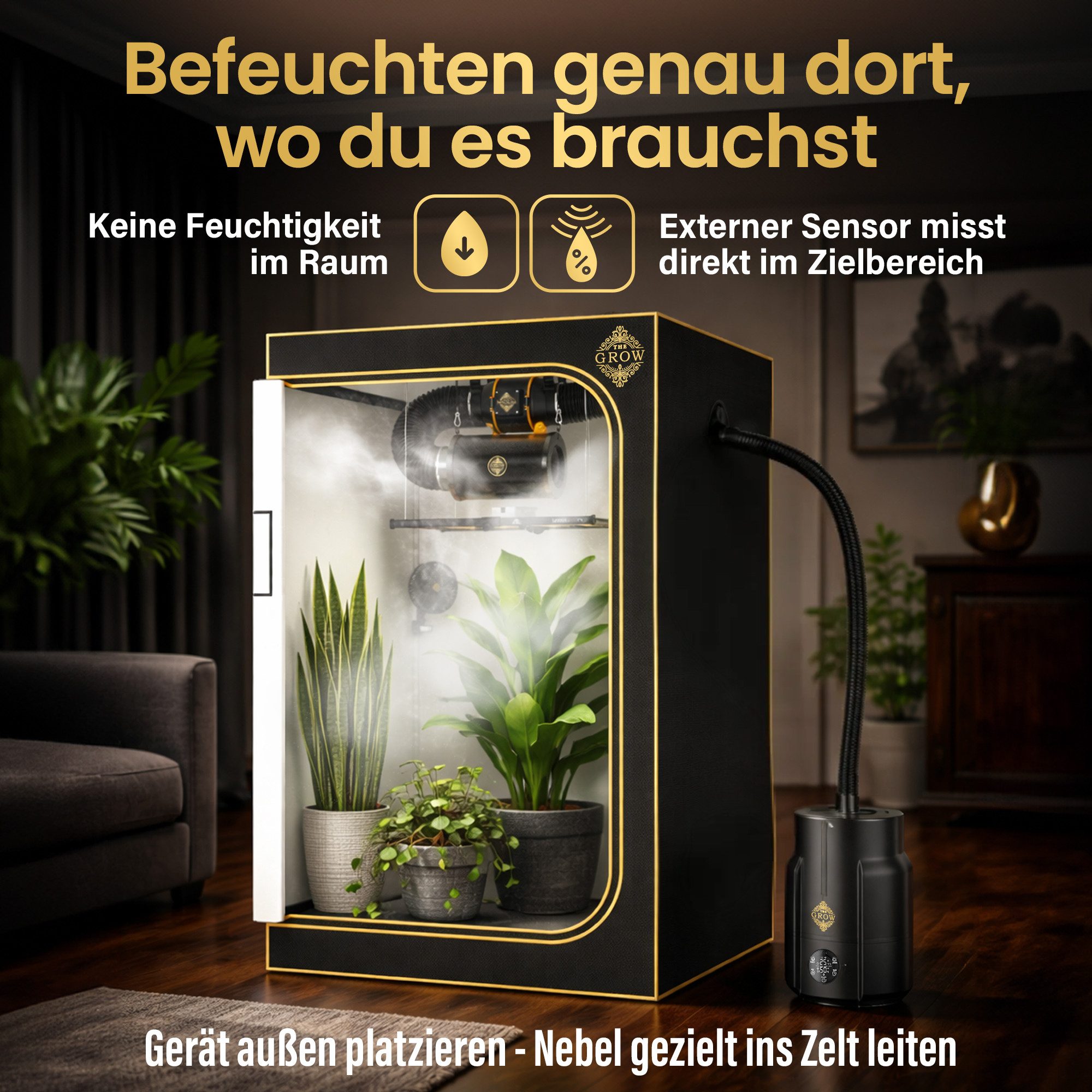 THE GROW Luftbefeuchter Nebel PRO 6L Ultraschall mit Sensor und Schlauch, 6 l Wassertank, Hygrostat, externer Sensor, Schlauch, Timer, Top-Fill, Auto-Stopp