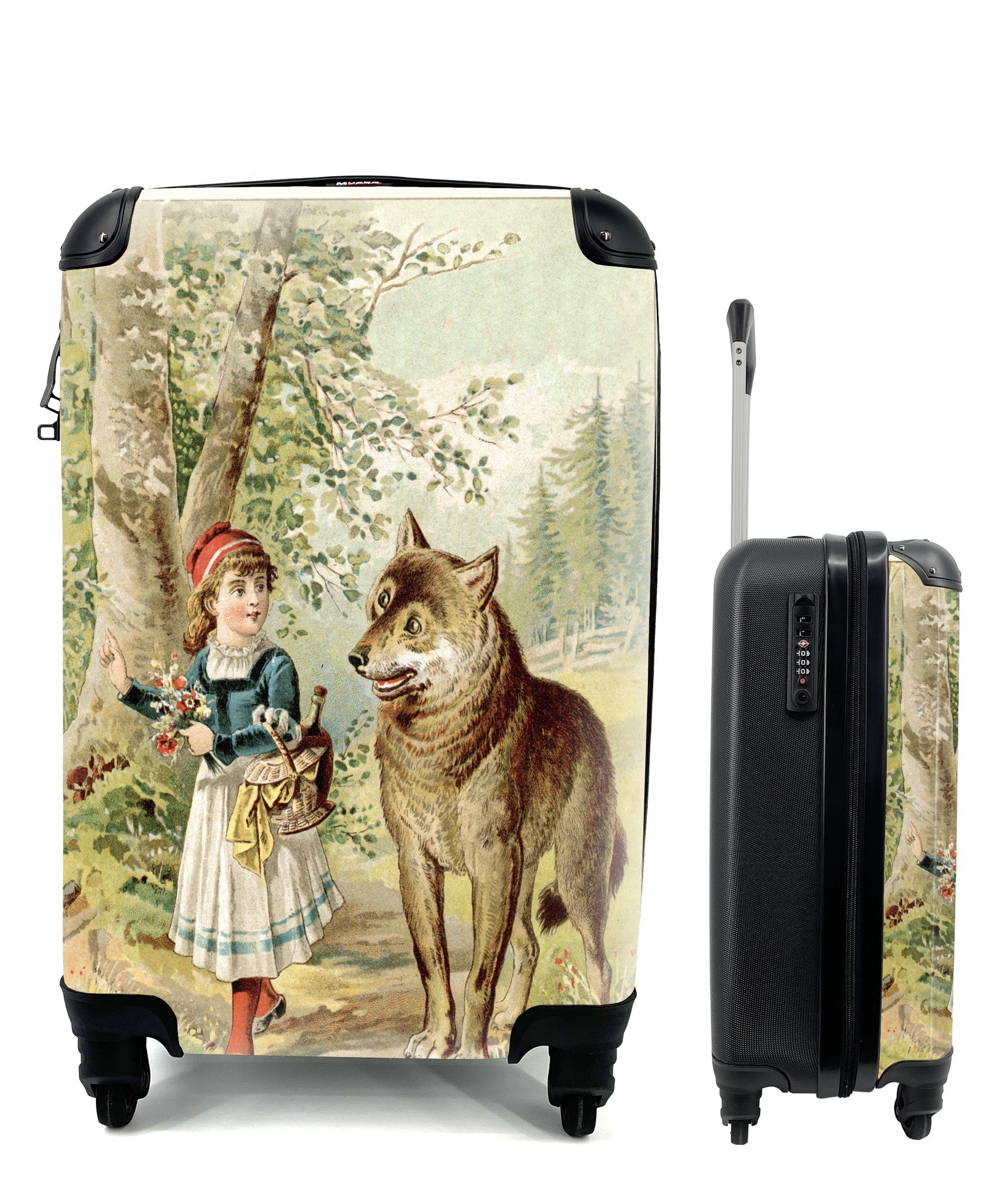 MuchoWow Handgepäckkoffer Wolf - mit für Trolley, 4 Ferien, Handgepäck rollen, Reisekoffer Rollen, Wald, Reisetasche - Rotkäppchen