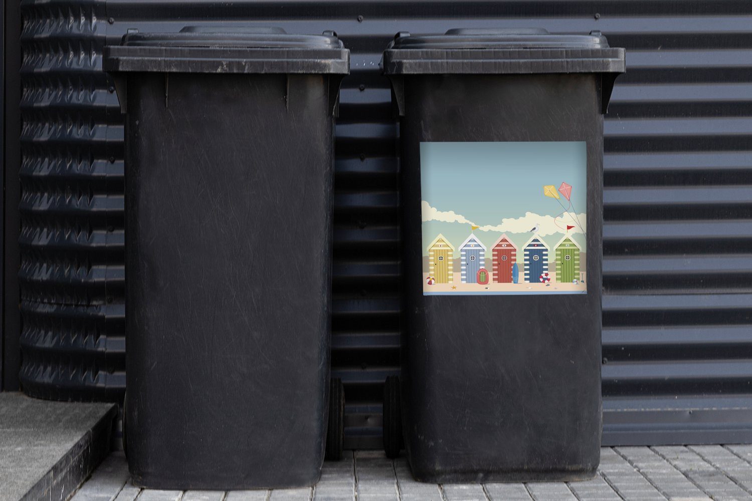 MuchoWow Wandsticker Eine Illustration Container, Strandhäusern von St), (1 Mülleimer-aufkleber, Mülltonne, Abfalbehälter Sticker, farbigen