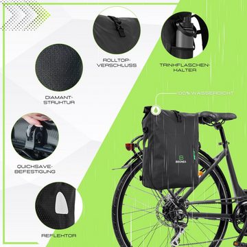 Bronea Fahrradtasche 3 in 1 Wasserdicht - 28L - GRÜN- Kombi Rucksack & Umhängetasche - (Schnellmontage an Gepäckträger, integrierte Laptoptasche), Diamond-Struktur Laptoptasche 100% Wasserdicht Reflektierende Elemente