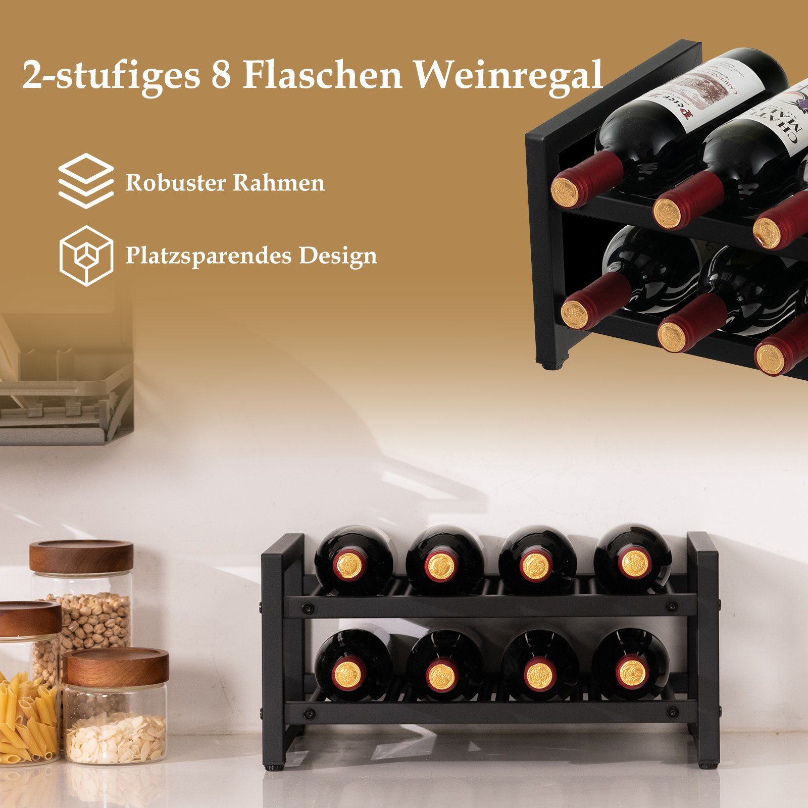 COSTWAY Weinregal, stehend, Metall, 2 Ebenen, für 8 Flasche, 42,5x24,5x20,5cm