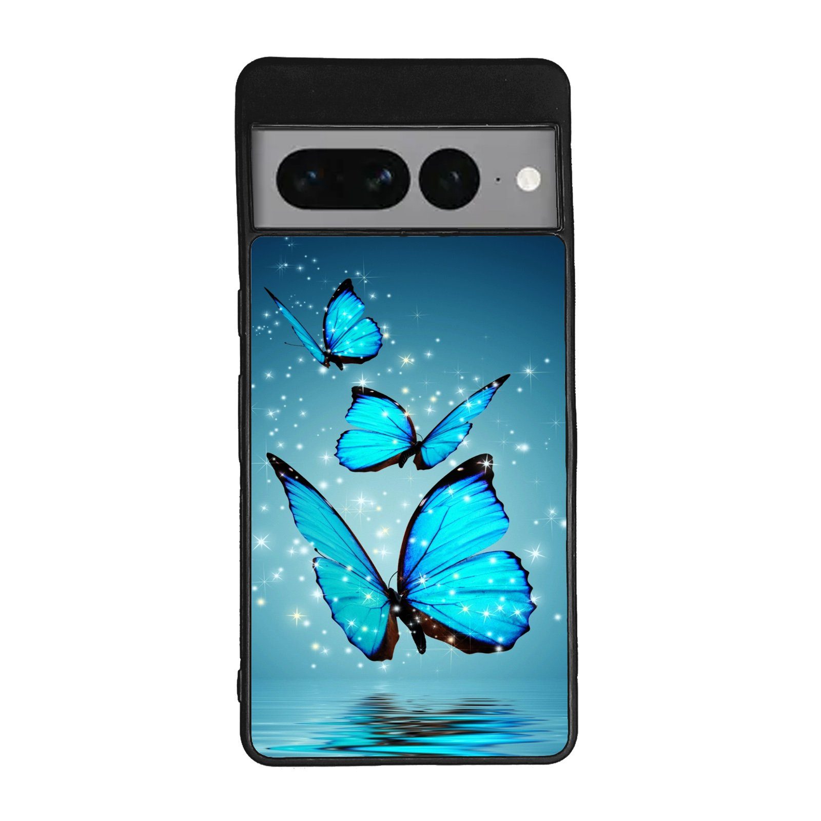 Traumhuelle Handyhülle TPU HÜLLE Silikon MOTIV 4 Case Cover Schutzhülle Backcover Etui 5G, Schmetterling Blau Handy Bumper Smartphone Rückschale Schwarz