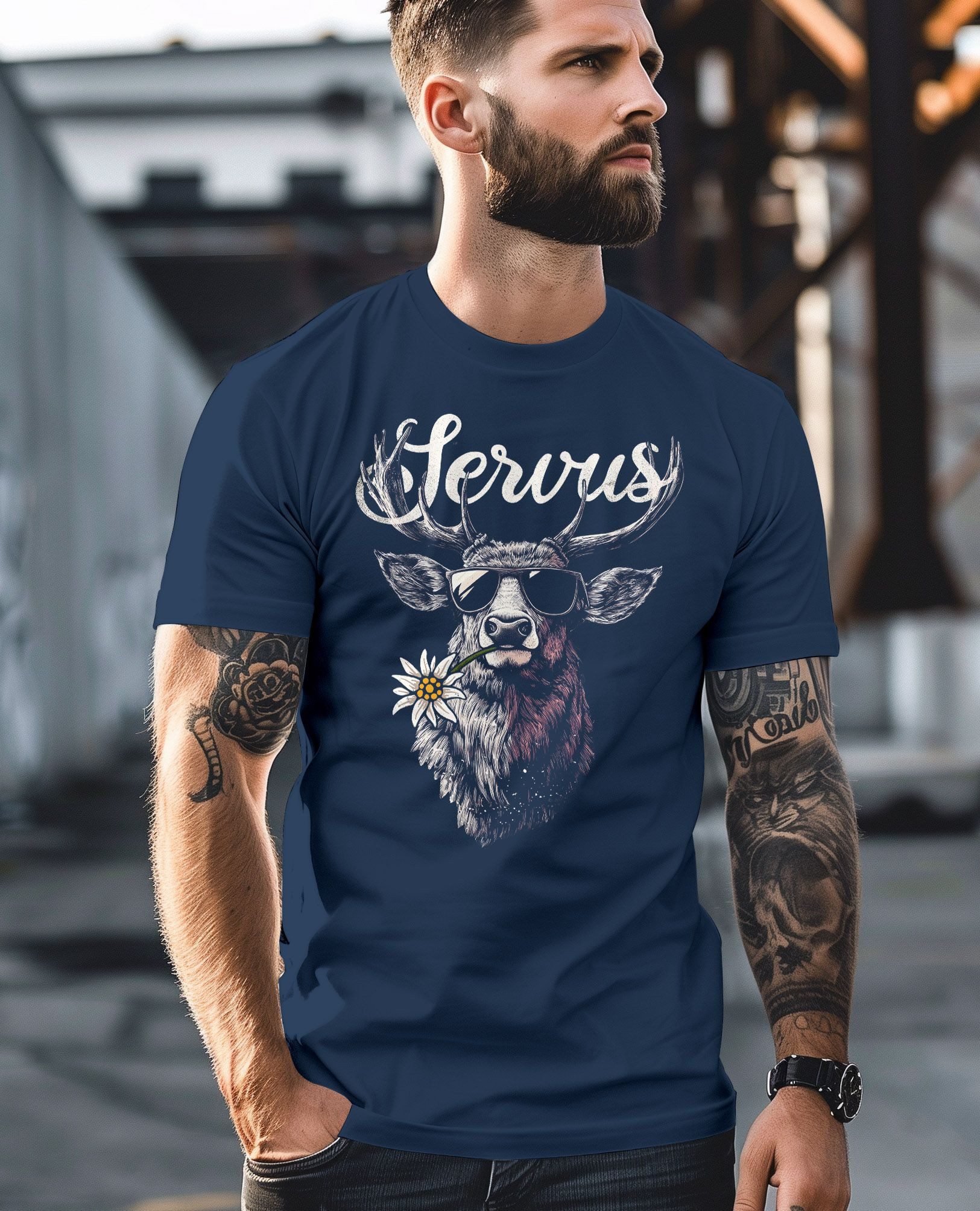 Neverless Print-Shirt Herren T-Shirt Hirsch Tracht Modern Lustig Volksfest Bayern Servus mit Print – Bild 5 von 5