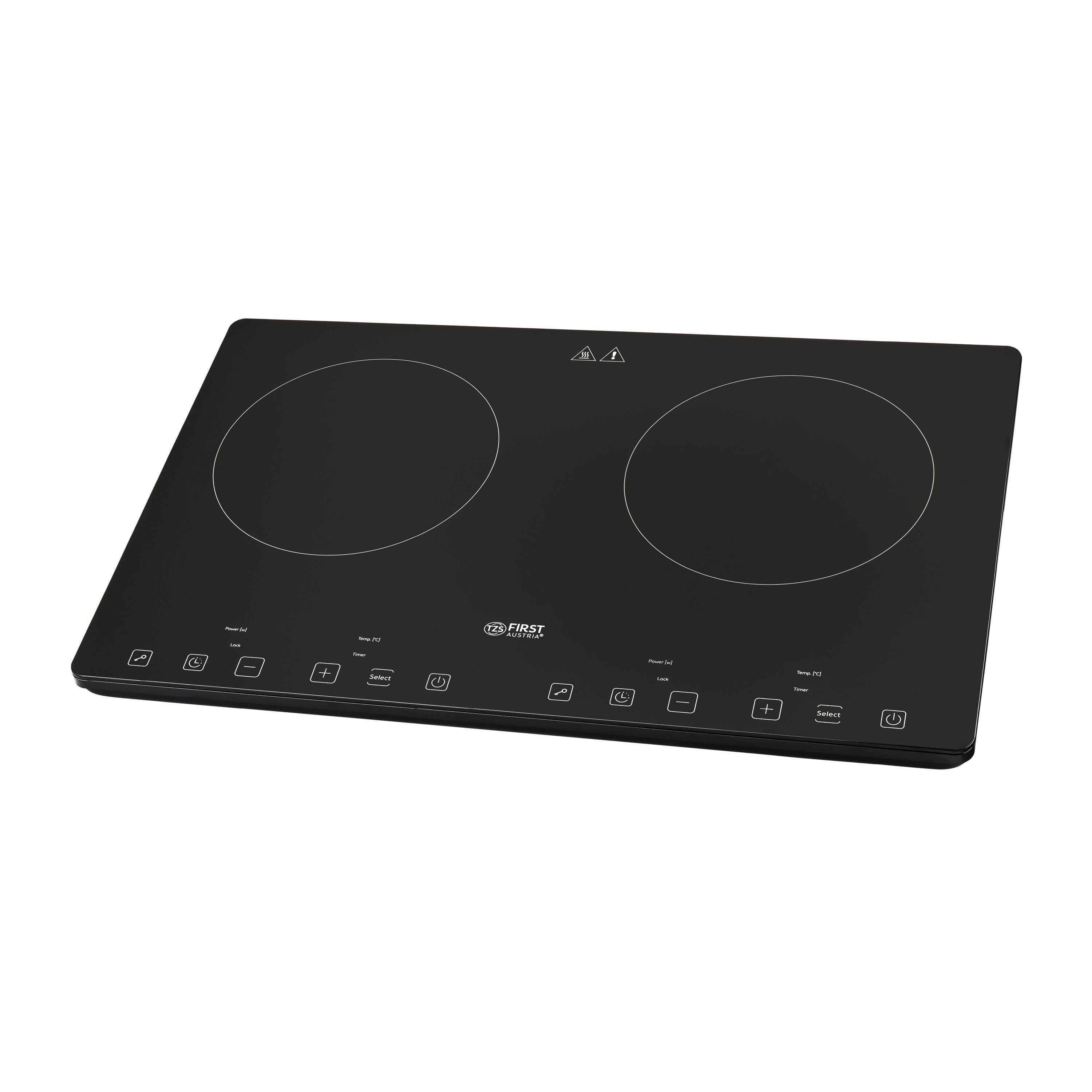 TZS FIRST AUSTRIA Doppelkochplatte 3400W, Induktionskochplatte, 10 Temperaturstufen & Timer, Slim Design, 2x210 mm Kochzonen, Kindersicherung, Überhitzungsschutz, Touch Control