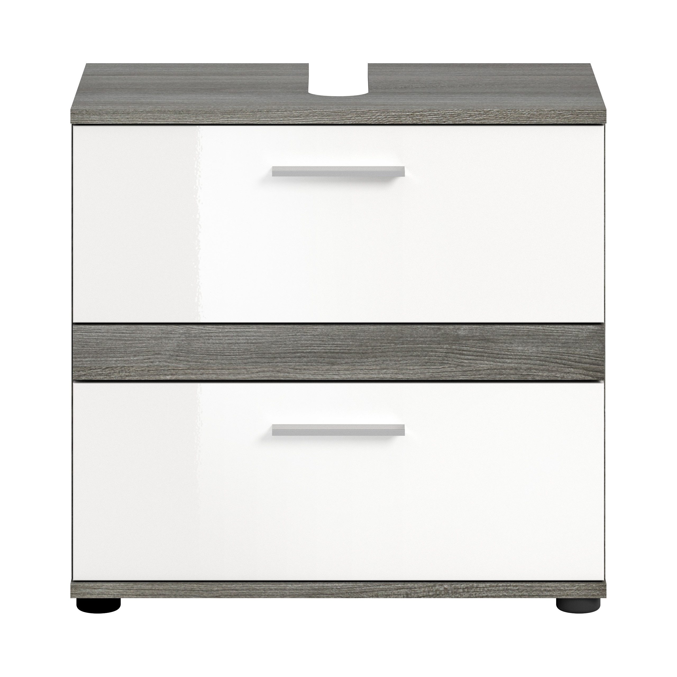 xonox.home Waschbeckenunterschrank Weiß Hochglanz Rauchsilber Siphonausschnitt Beschichtet 60x57x34 cm