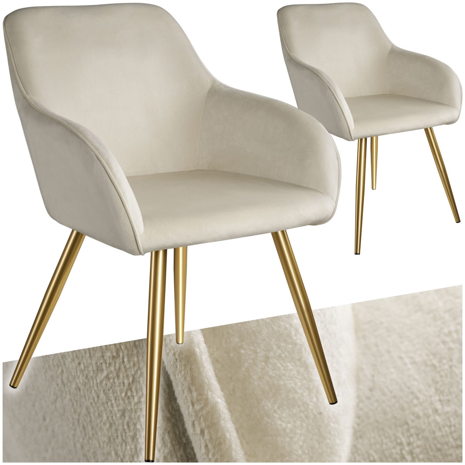 tectake Esszimmerstuhl Küchenstuhl gepolstert, in Samtoptik, 58 x 62 x 82 cm (Wohnzimmerstuhl Marilyn in creme/gold, 2 St), durchgehende Lehne, goldene Stahlbeine, bodenschonend