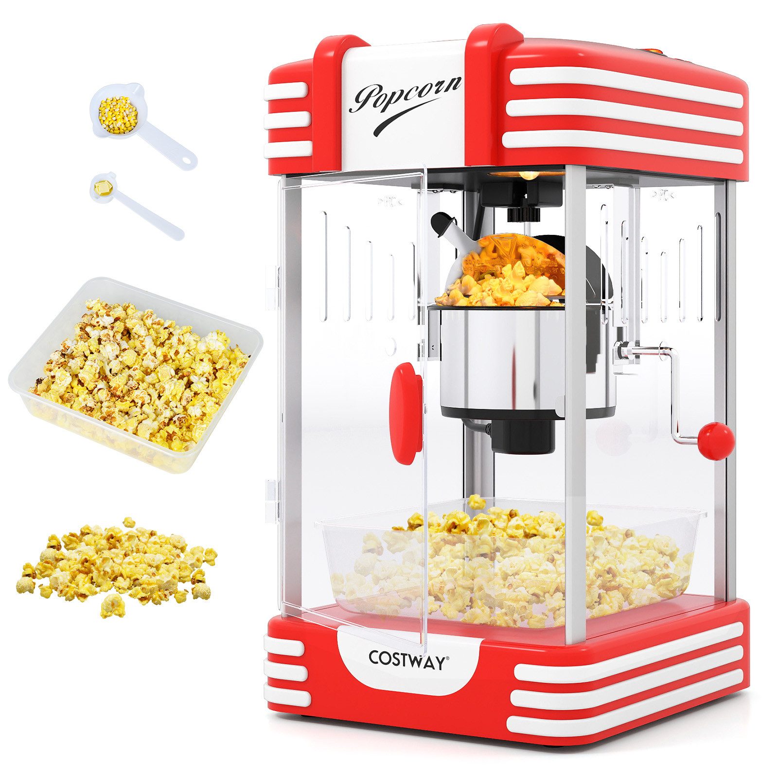 COSTWAY Popcornmaschine, Retro Popcornmaker mit Warmhaltelicht & Handkurbel