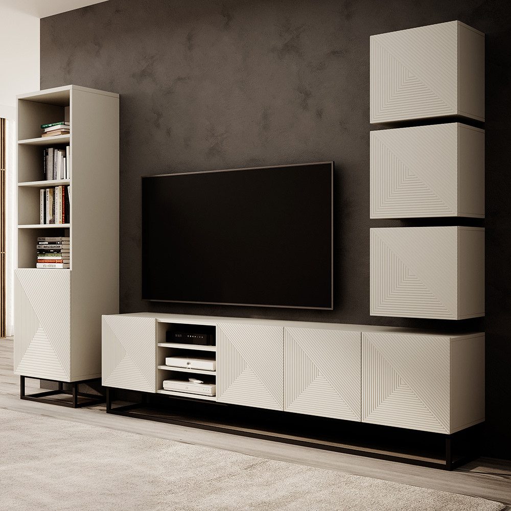 Lomadox Wohnwand ADARE-141, (5-St., Hängeschränke Lowboard Regal), in kaschmir mit gerillter Front und Metallgestell, Push-to-Open