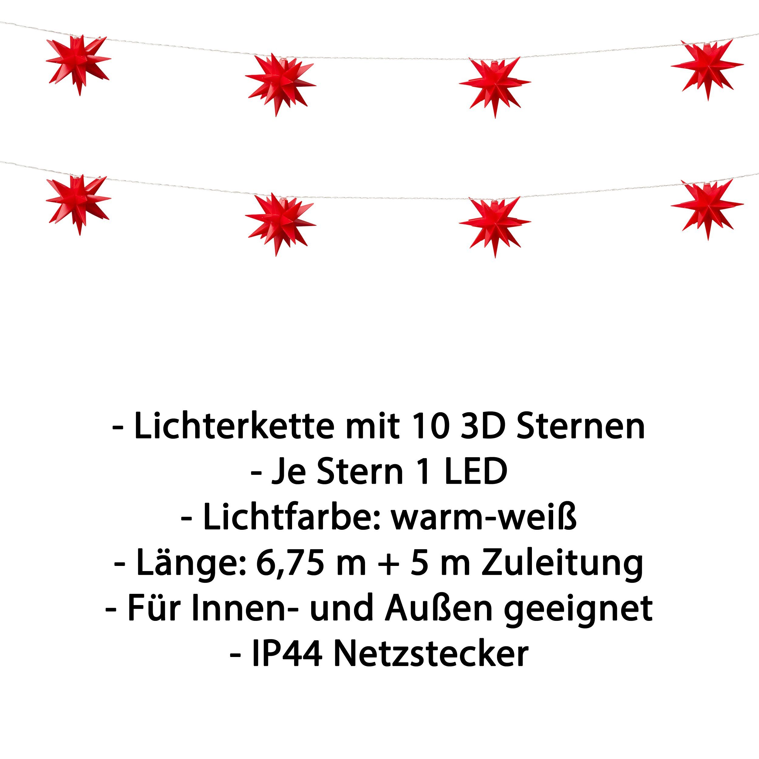 mit LED-Lichterkette Timerfunktion, Innenbereich Außenbereich rot + LED-Sternen, Leuchtstern 10 Lichterkette Zuleitung, & ca. für kamelshopping 6,75m 3D
