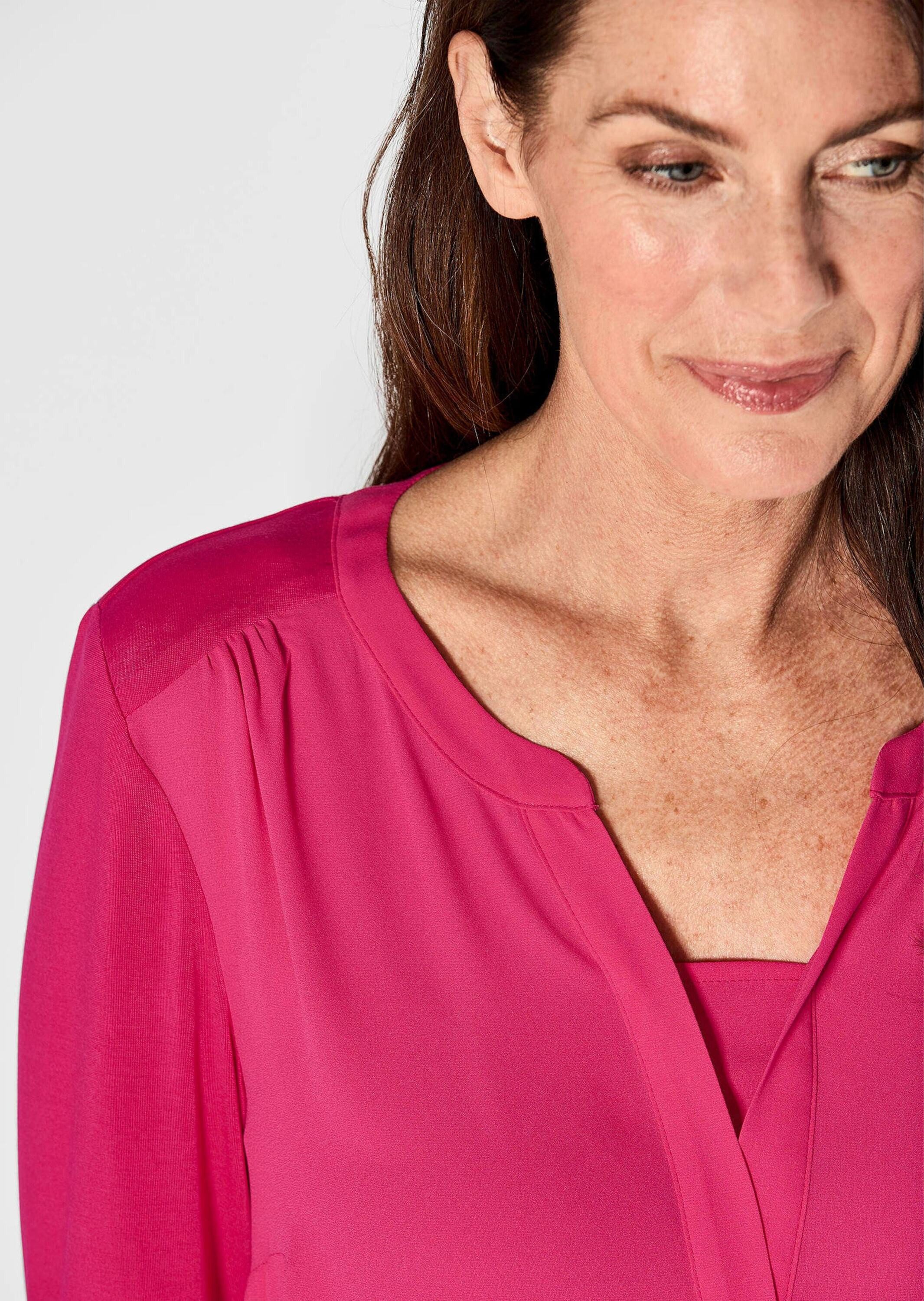 GOLDNER Shirtbluse Elegantes Chiffonshirt mit Jersey-Details Langarmshirt mit Rundhals und V-Schlitz und langen Ärmeln