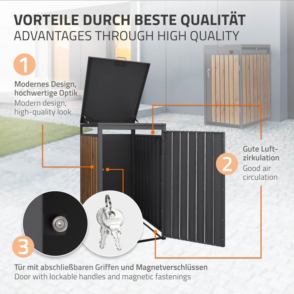 ML-DESIGN Mülltonnenbox Müllbox aus Stahl wetterfeste Mülltonnen Verkleidung Mülltonnengarage, Mülltonnencontainer mit Klappdeckel/Tür für 1 Tonne 120 oder 240 Liter