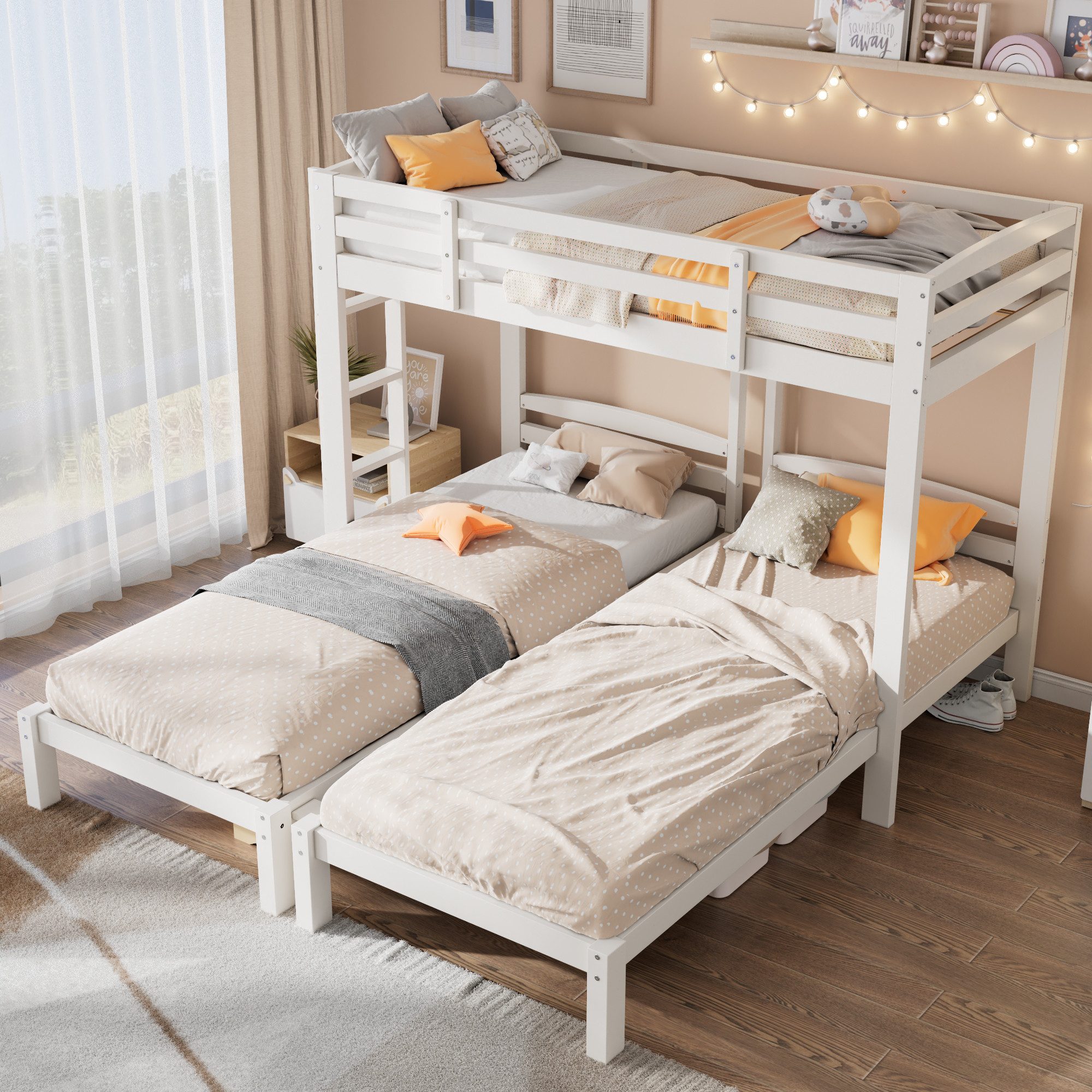 Flieks Etagenbett, Dreierbett Kinderbett mit Leiter Kiefer 90x200cm günstig online kaufen