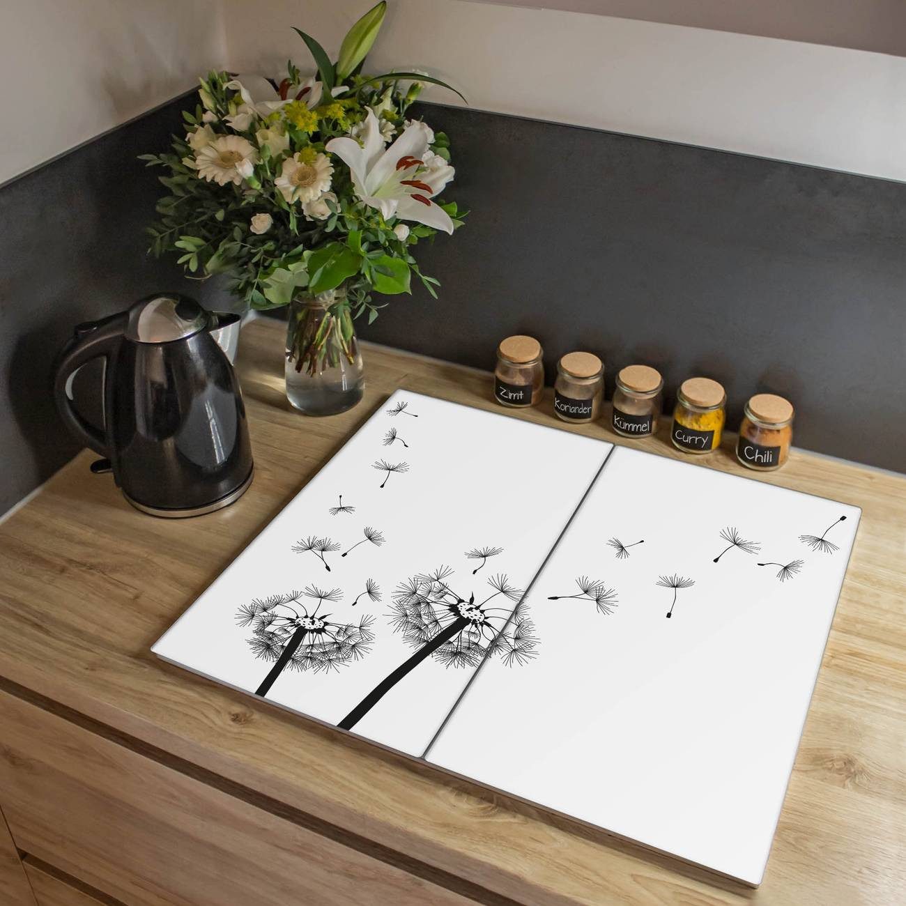 banjado Herd-Abdeckplatte Glas Pusteblume 2, (gehärtet, 2 tlg., inkl. selbstklebende Gummifüßchen)