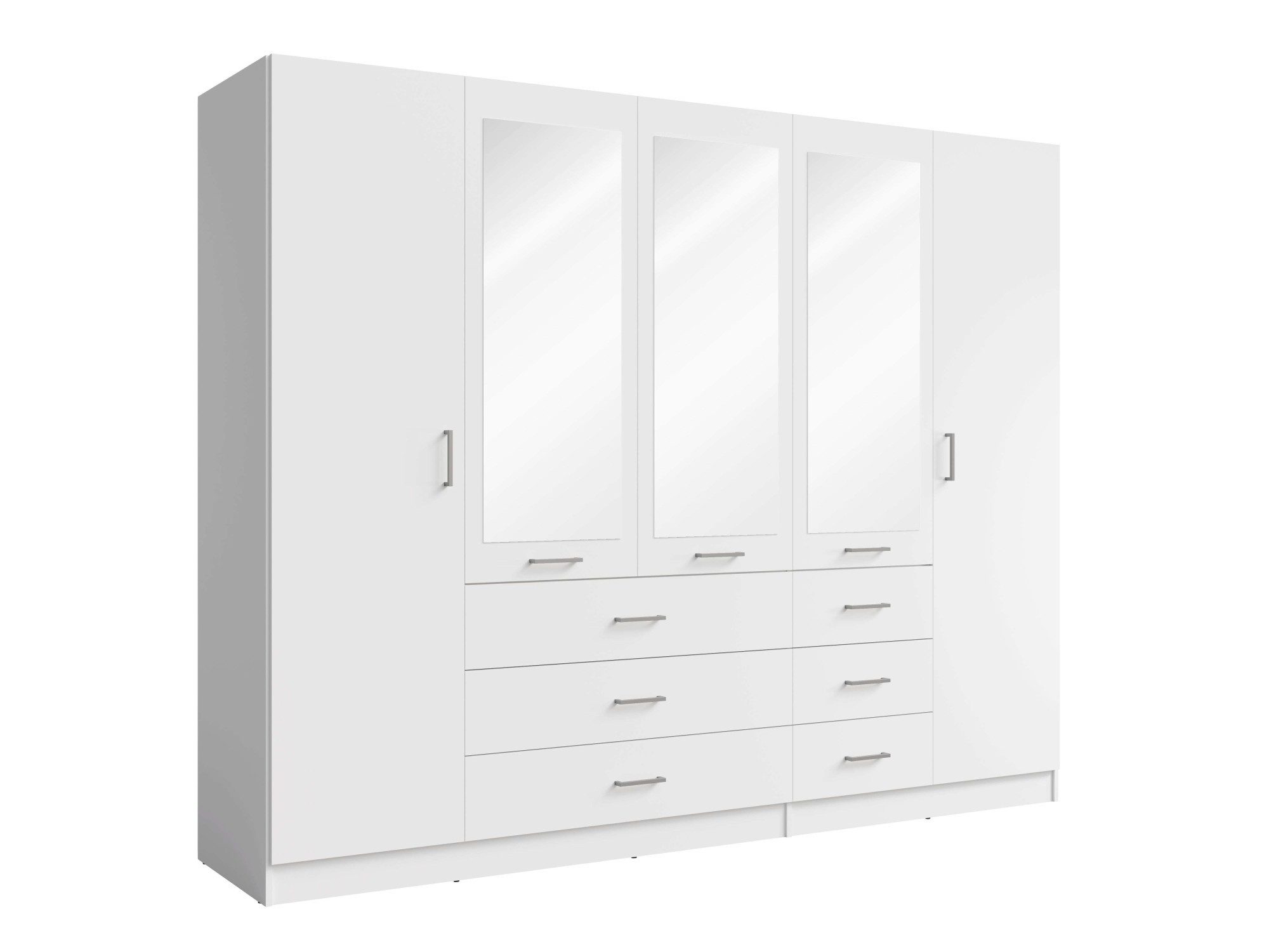 Home affaire Kleiderschrank KOS Garderobe mit 6 Schubladen, Kleiderstange, 5 Einlegeböden, Spiegel Wäscheschrank mit 5 Drehtüren, silber Griffen, Maße B/H/T 250/200/58cm