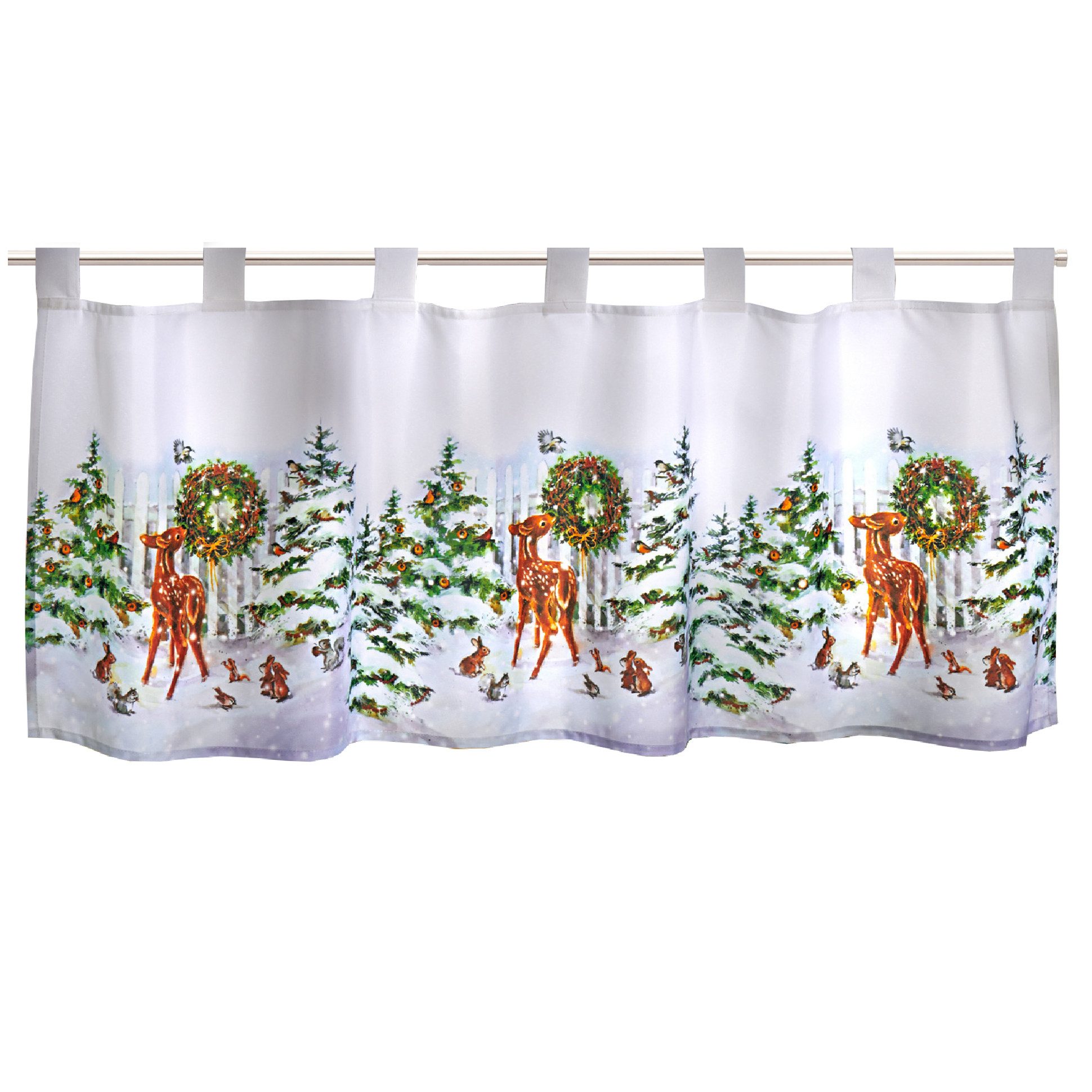 Delindo Lifestyle Scheibengardine Bistrogardine mit schlaufen, REHKITZ, 45x120 cm, weiß (1 St), Schlaufen, blickdicht, mit Digitaldruck