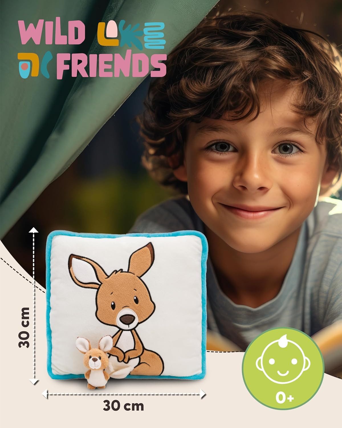 Nici Dekokissen 61730 - Kissen Känguru mit 3D Kind (7 cm), 30 x 30 cm