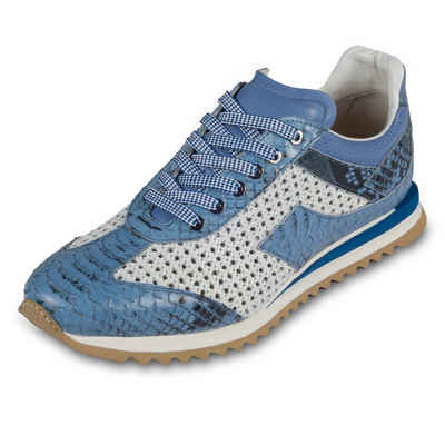 Lorenzi Sneaker blau / weiß mit Schlangen-Prägung und perforiertem Kalbsleder Sneaker Handgefertigt in Italien