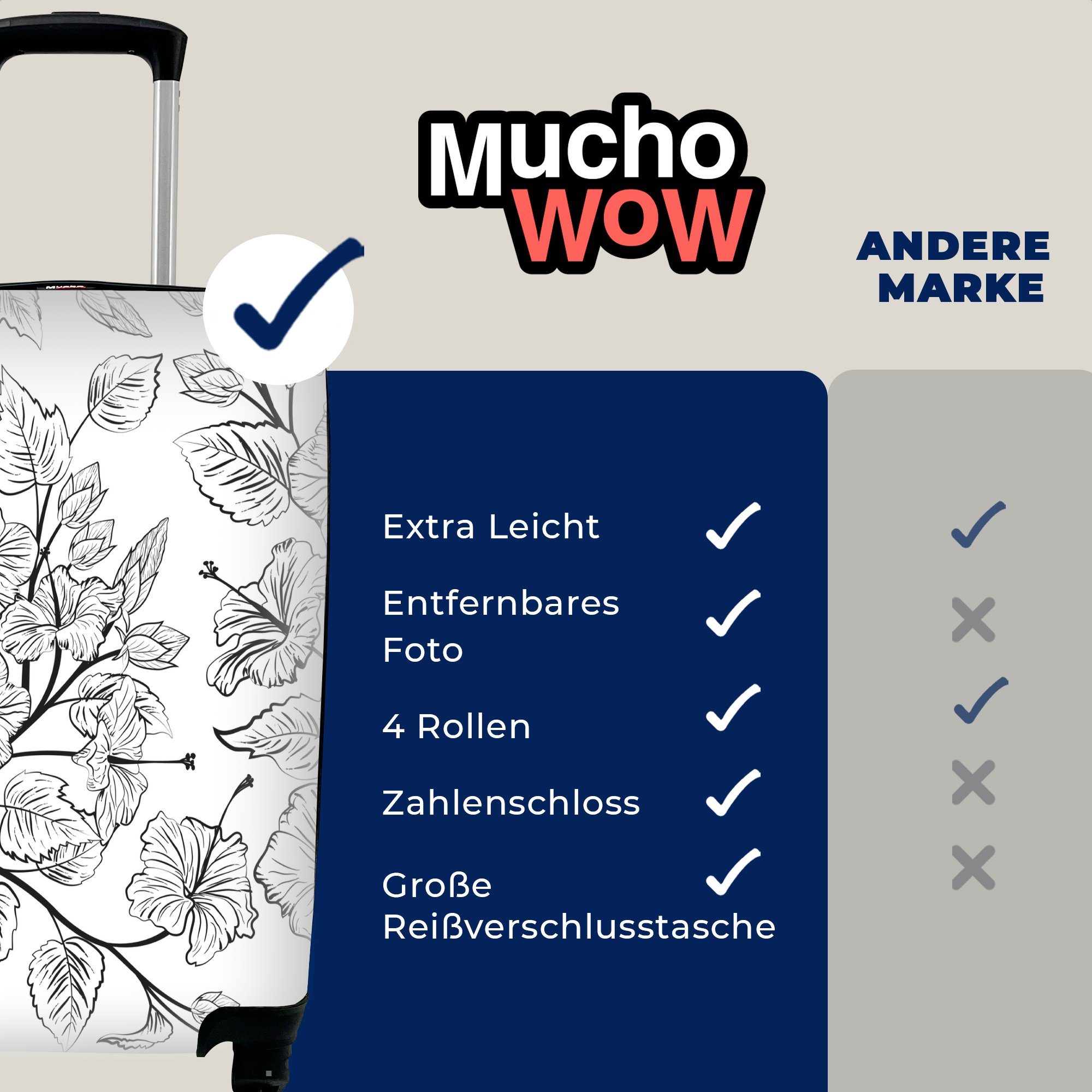 MuchoWow Handgepäckkoffer Eine schwarz-weiße für Illustration 4 Blumenmusters, Reisekoffer eines rollen, Rollen, Reisetasche Trolley, mit Handgepäck Ferien