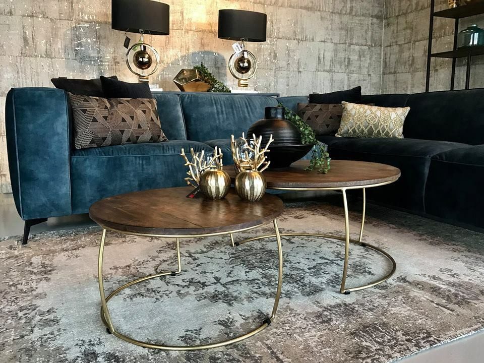 Couchcenter Couchtisch 2er Set Couchtisch Emma Gold rund Metall Mango Satztische braun (2er Set)