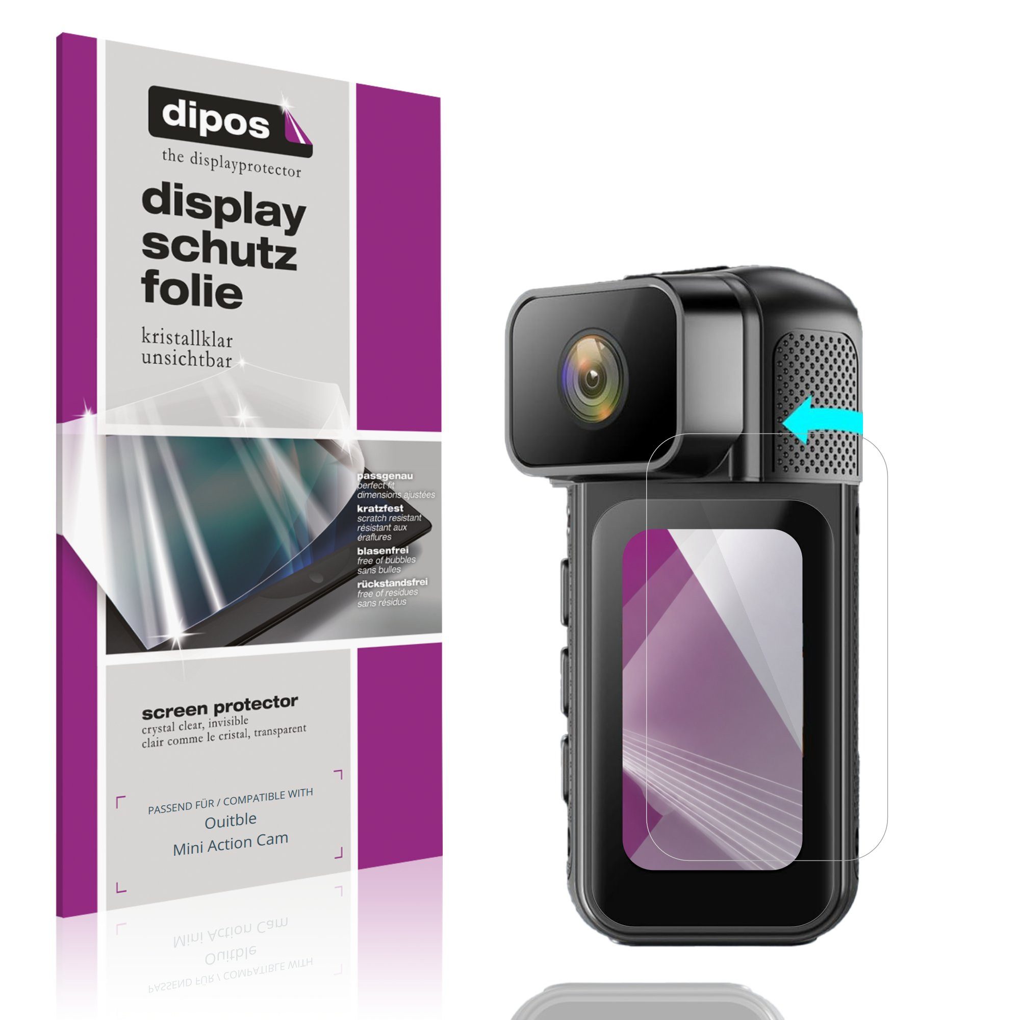 dipos Displayschutzfolie Schutzfolie für Ouitble Mini Action Cam, 4 Stück, Displayschutz Schutz Folie Made in Germany