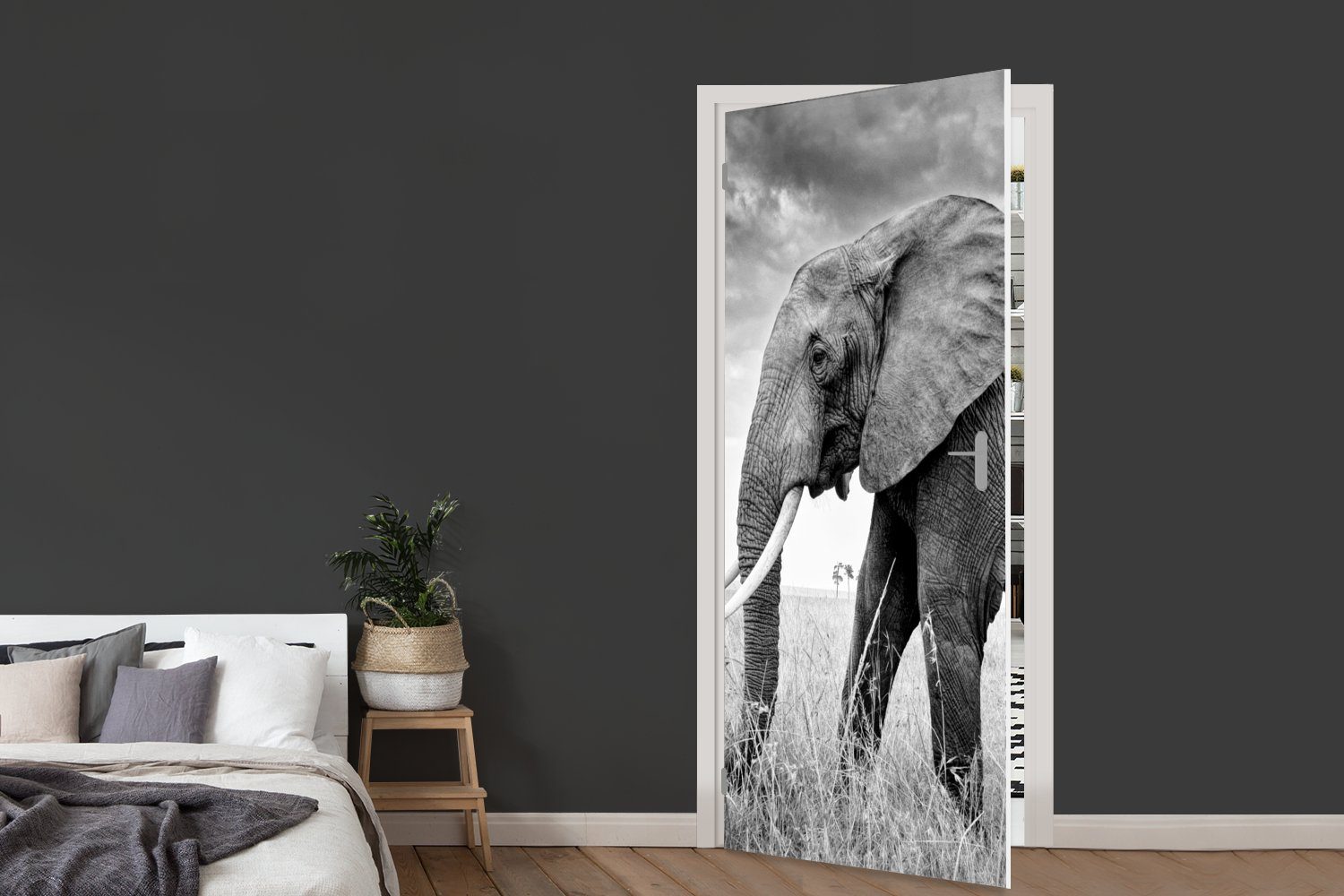 - für Matt, MuchoWow Türaufkleber, - cm (1 Schwarz Tiere - 75x205 St), und weiß, Tür, bedruckt, Elefant Fototapete Gras Türtapete