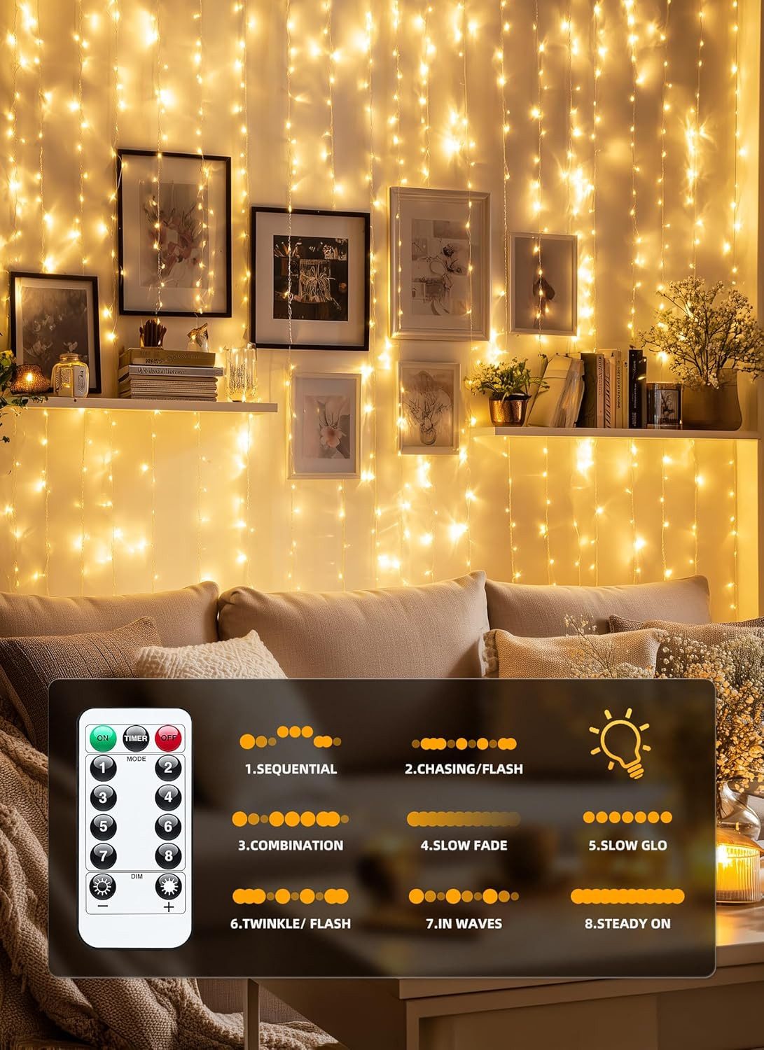 Athlix LED-Lichtervorhang LED Vorhang Lichterkette wasserdicht Weihnachten Fernbedienung, 3m breit - bis zu 3m lang, Innen und Außen – Bild 4 von 5