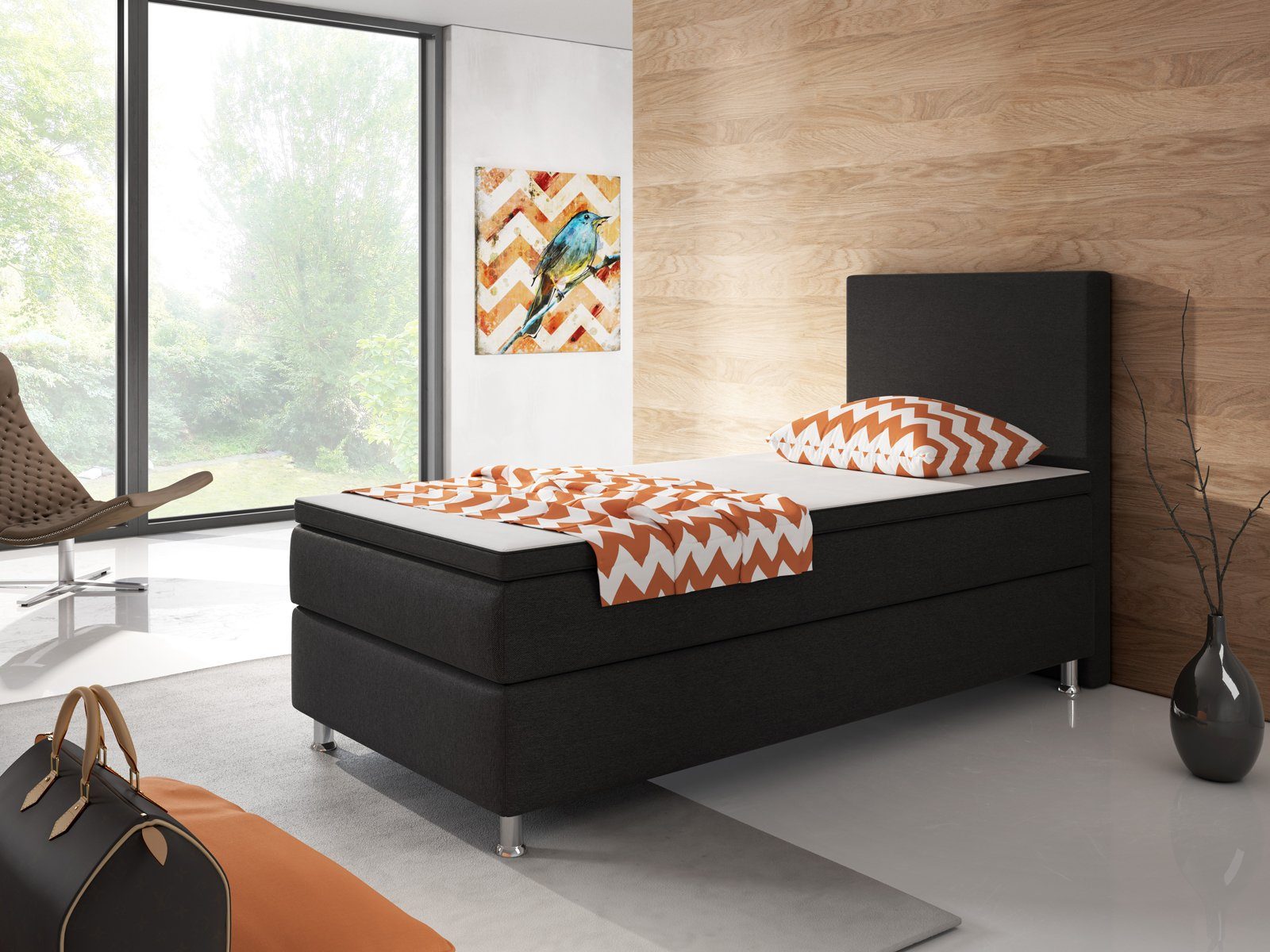 inter Boxspringbett Berlin Webstoff (90x200 cm, Boxspringbett-Set,7-Zonen-Taschenfederkernmatratze und Topper), Hohes Kopfteil, Inklusive Topper für optimalen Liegekomfort