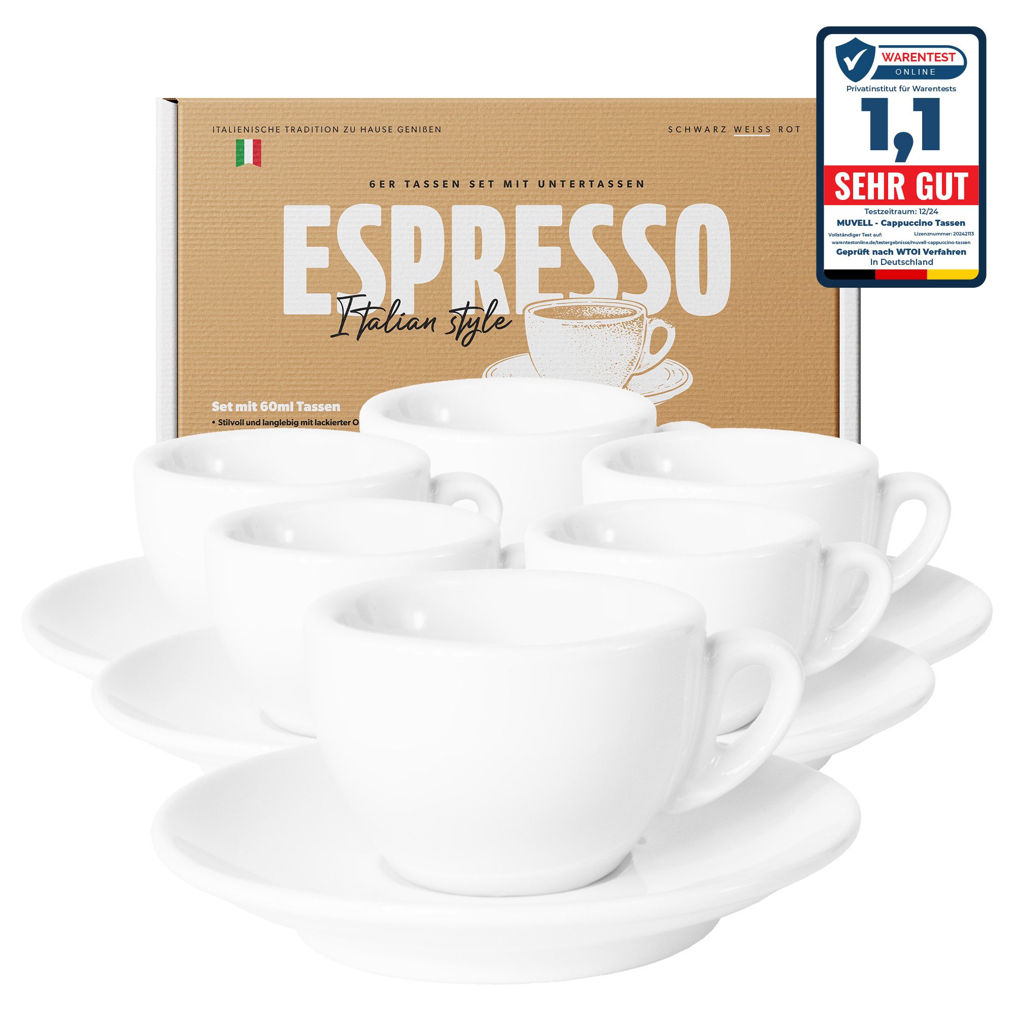 MUVELL Espressotasse 6x Чашки для эспрессо & Untertassen Set 0,8 cm dickwandig, weiß, Keramik, 60 ml weiß