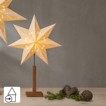 STAR TRADING LED Dekolicht Papierstern-Tischleuchte 'Karo', weiß, Holzfuß Eiche, 70cm, Papierstern-Tischleuchte 'Karo', weiß, Holzfuß Eiche, 70cm