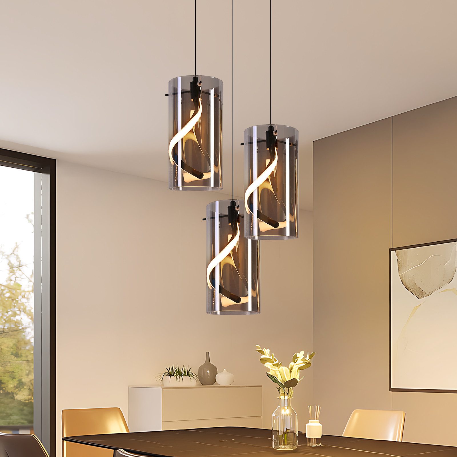 ZMH LED Pendelleuchte Esstisch Hängelampe Modern 3000K Hängeleuchte Glas 1/3 Flammig, LED fest integriert, Warmweiß, 8W Schwarz Pendellampe für Wohnzimmer Esszimmer Küche