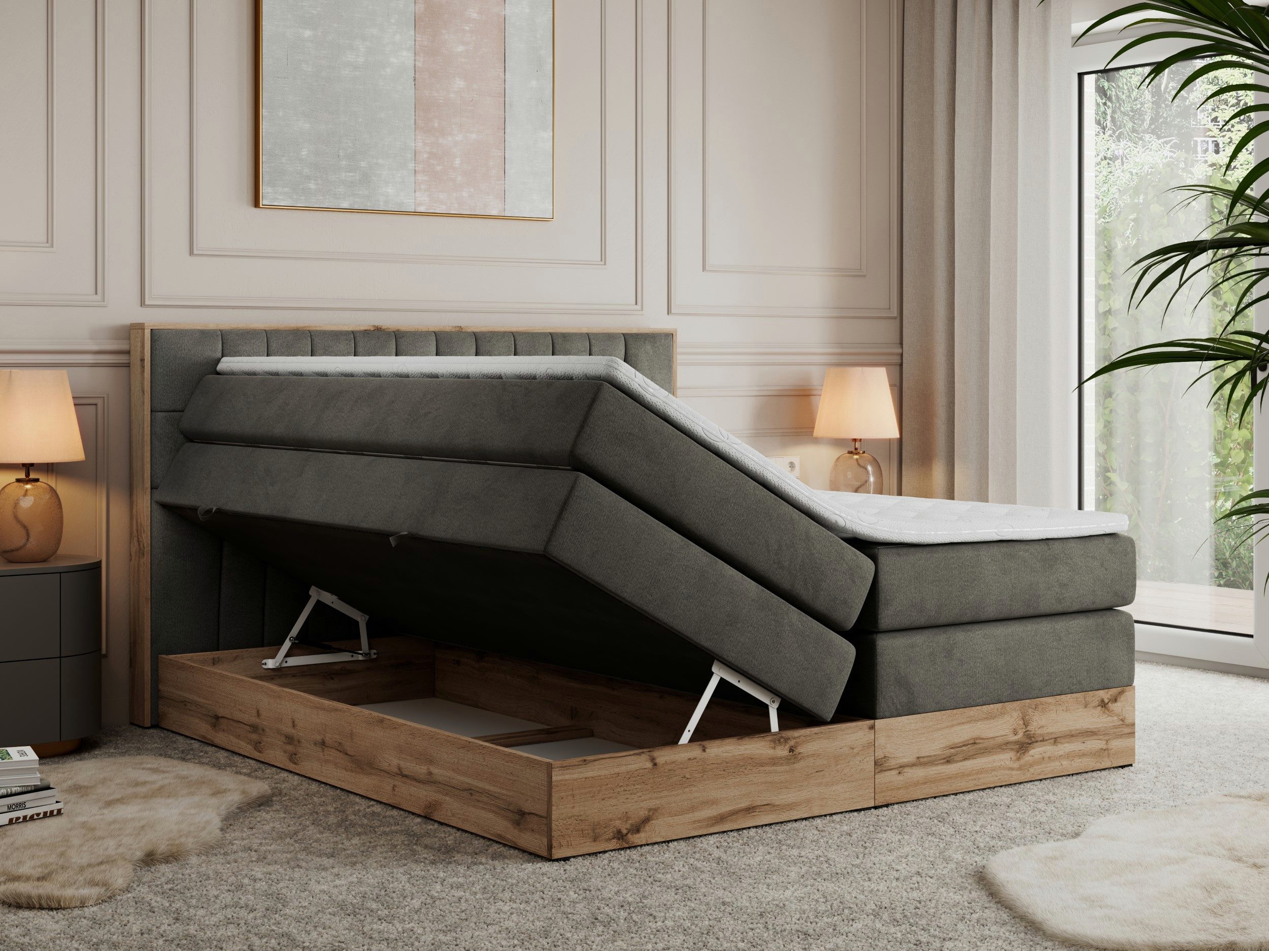 MKS MÖBEL Boxspringbett AMORE KING (Set, T30-Schaum, Topper T25/Visco, fünf Matratzen, zwei Bettkästen), mit Multipocket Matratzen, Boxspringbett, mit Möbelplatten
