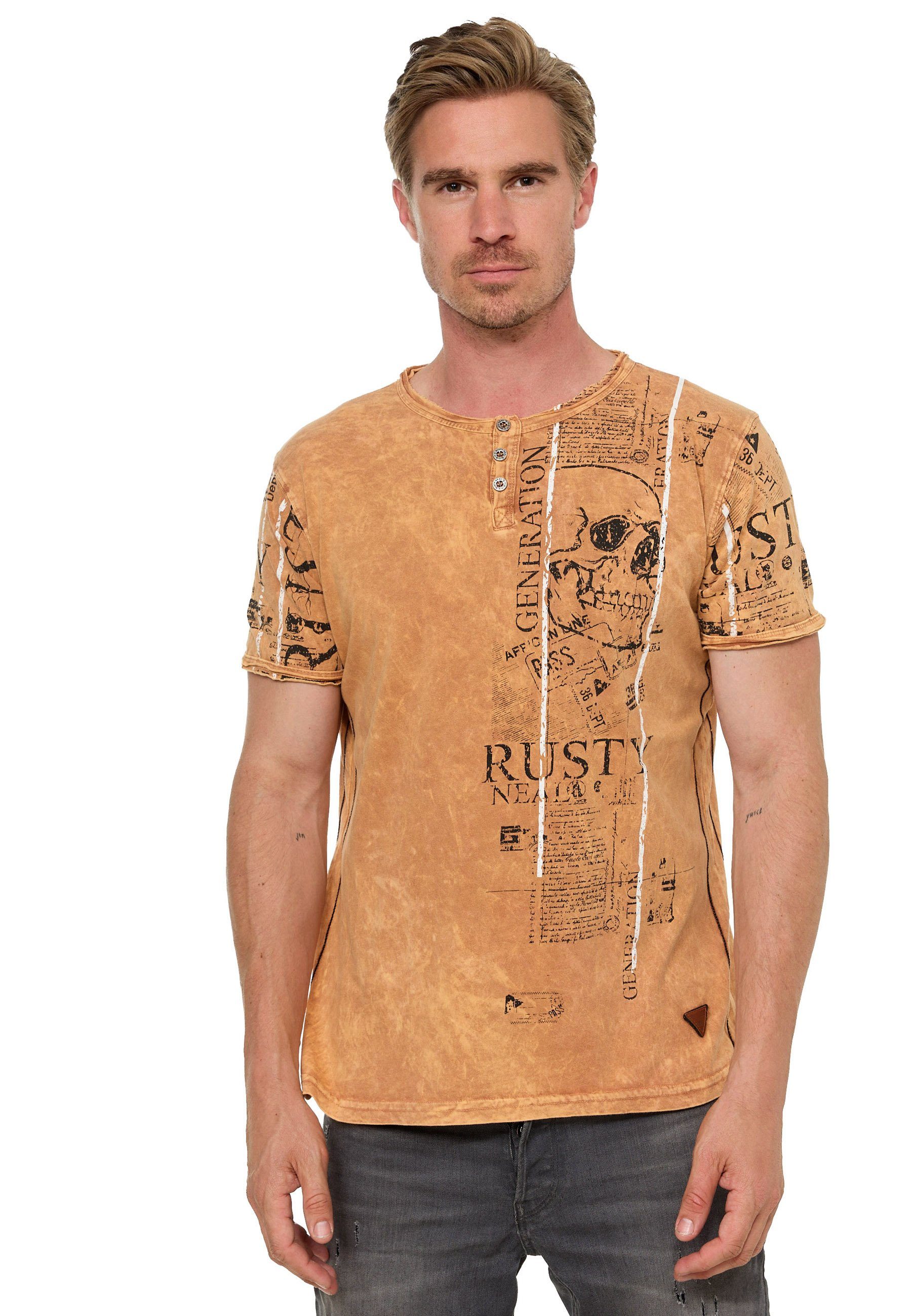 Rusty Neal T-Shirt im Used-Look Allover-Print mit camelfarben