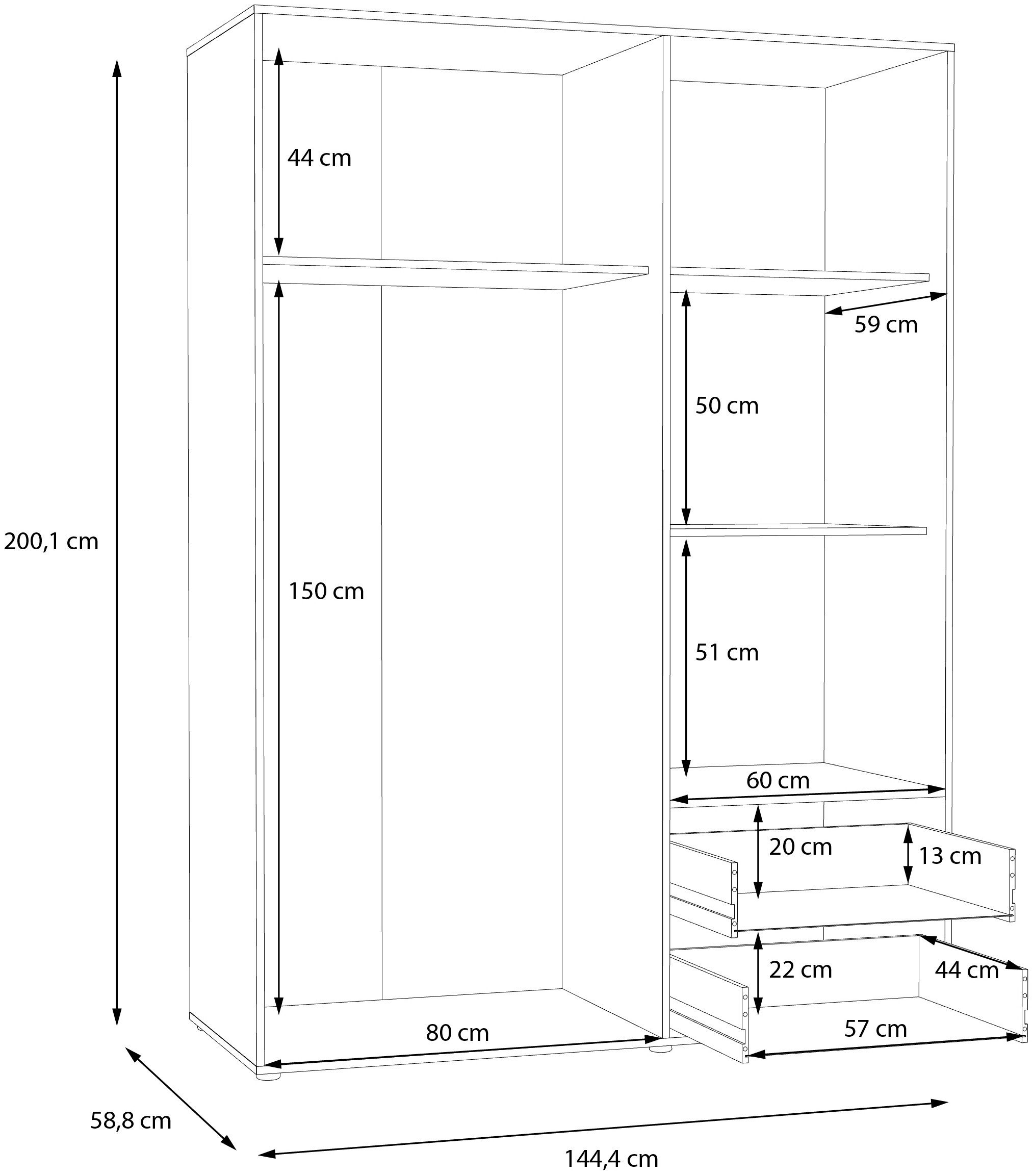FORTE Kleiderschrank Mokkaris, Garderobe, zeitloses Design, 3 Türen, Made in Europe (B/H/T ca. 144x200x59cm) Zwei Schubladen, schwarze Stangengriffe, Stauraum,  – Bild 5 von 5