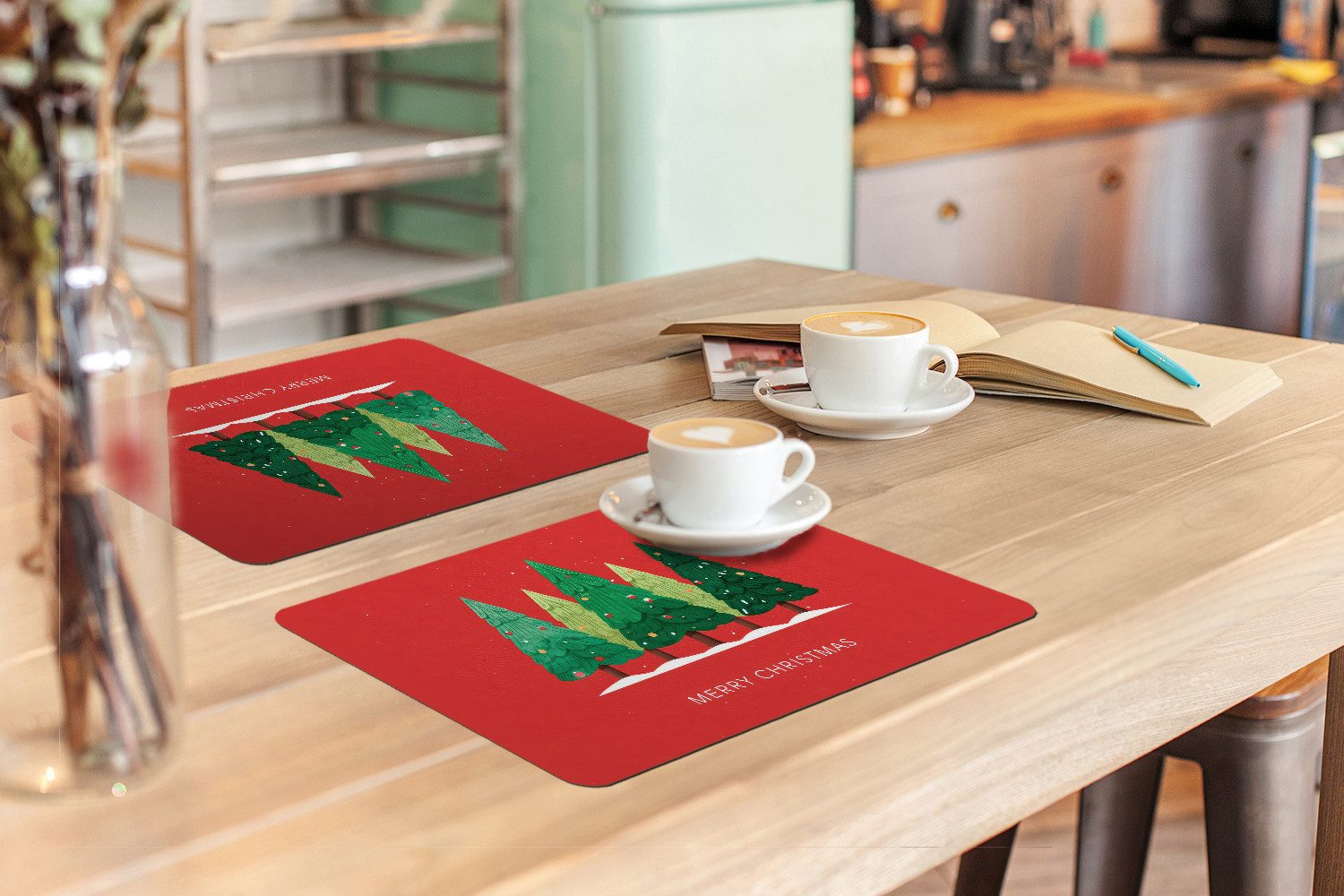 MuchoWow Platzset Minimalistisch - Weihnachtsbäume - Rot - Schnee, (6-St), Platzsets, Tischset, Abwaschbar, Tischsets, Platzdeckchen
