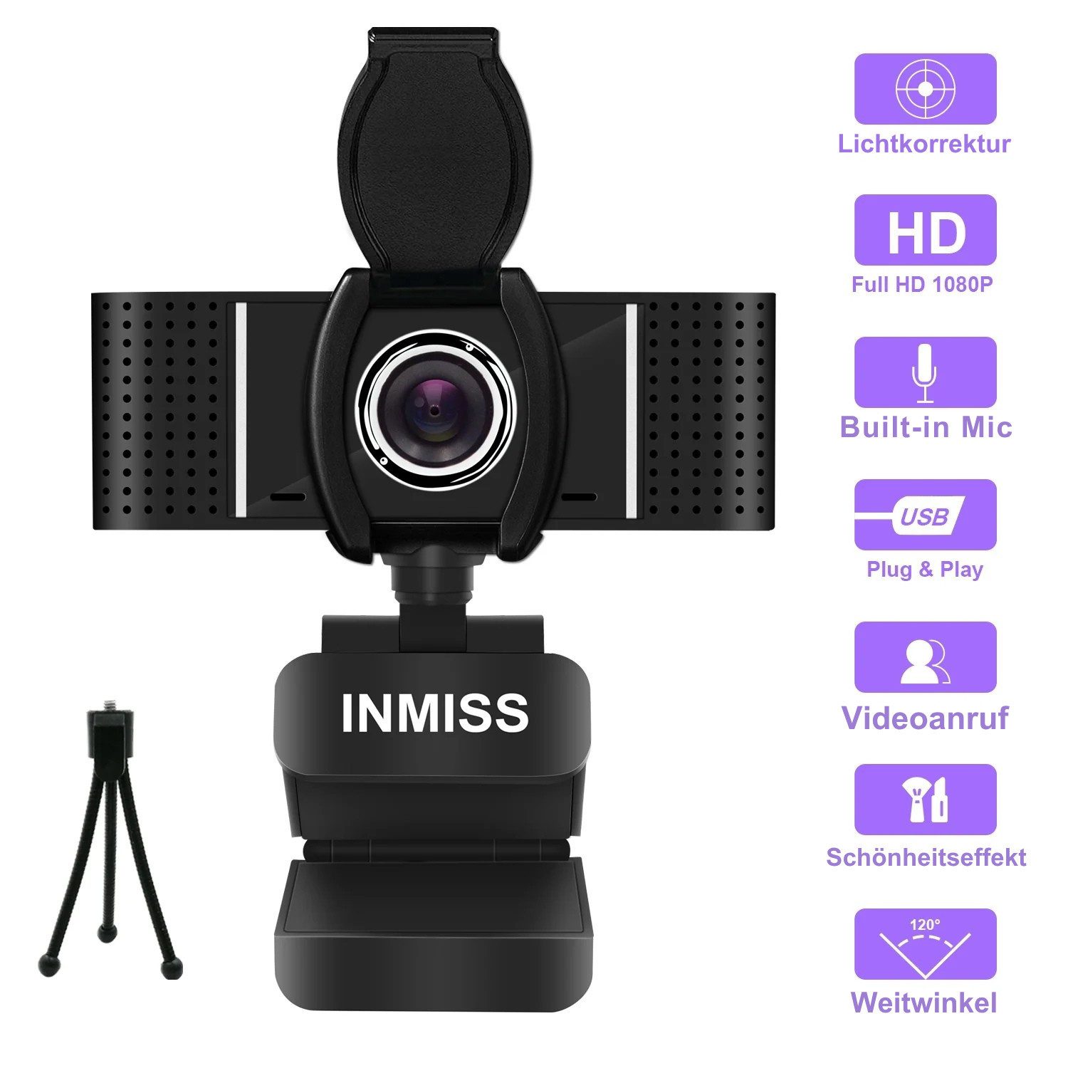 Anivia Full HD-Webcam (HD, USB-Verbindung, USB Webcam mit Zubehör (Stativ & Abdeckung), Full HD 1080p Webcam mit Mikrofon, Stativ, Plug & Play, 120° Winkel)