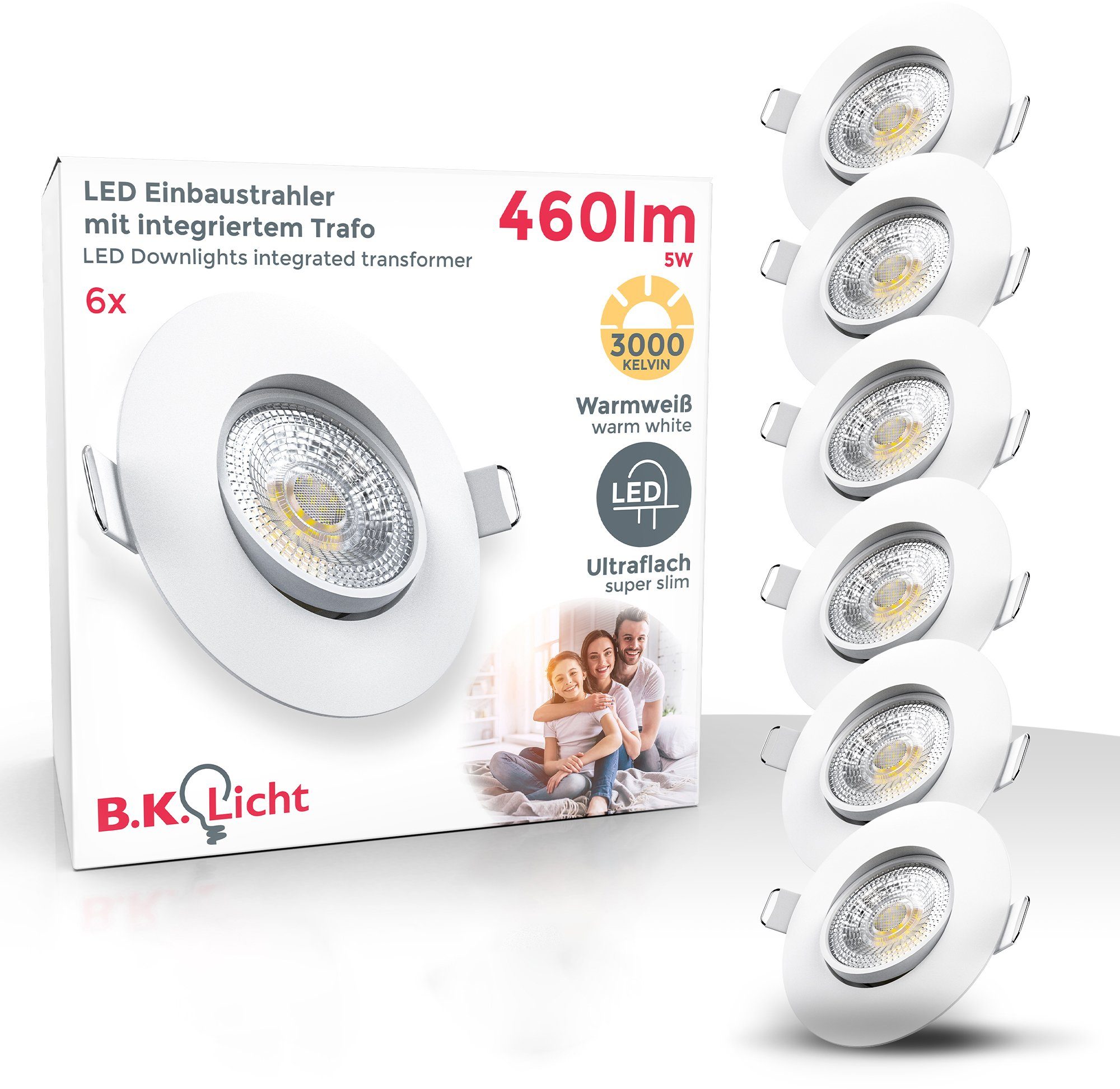 fest LED LED ultra-flach, Einbauleuchte, B.K.Licht Einbauspots, schwenkbar, Warmweiß, Deckenspots, integriert, warmweiß IP23,