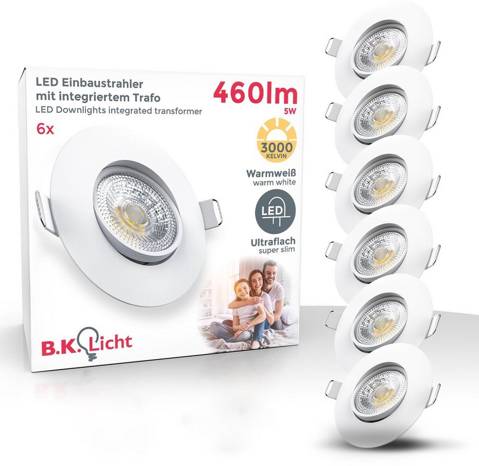 B.K.Licht LED Einbauleuchte, LED fest integriert, Warmweiß, Einbauspots,  schwenkbar, IP23, ultra-flach, Deckenspots, warmweiß