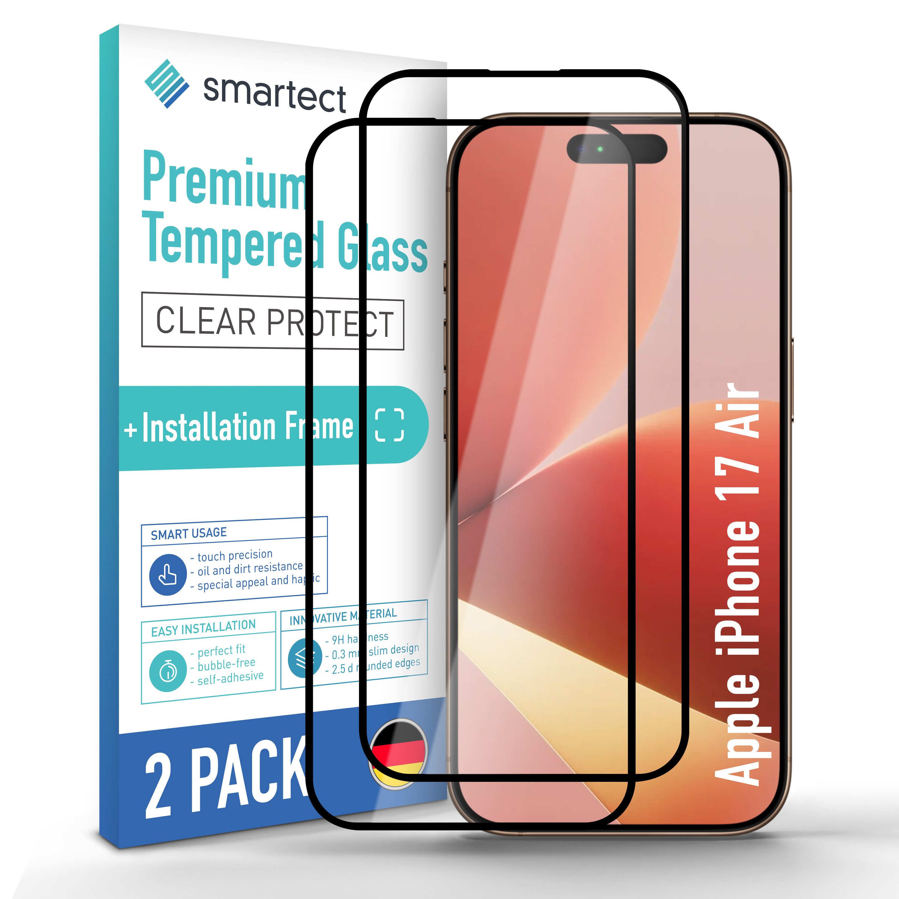 smartect Displayschutzglas Schutzglas Panzerfolie Full Screen für Apple iPhone 17 Air, Set, 2 Stück, Schutzfolie Glasschutz inkl. Anbringhilfe