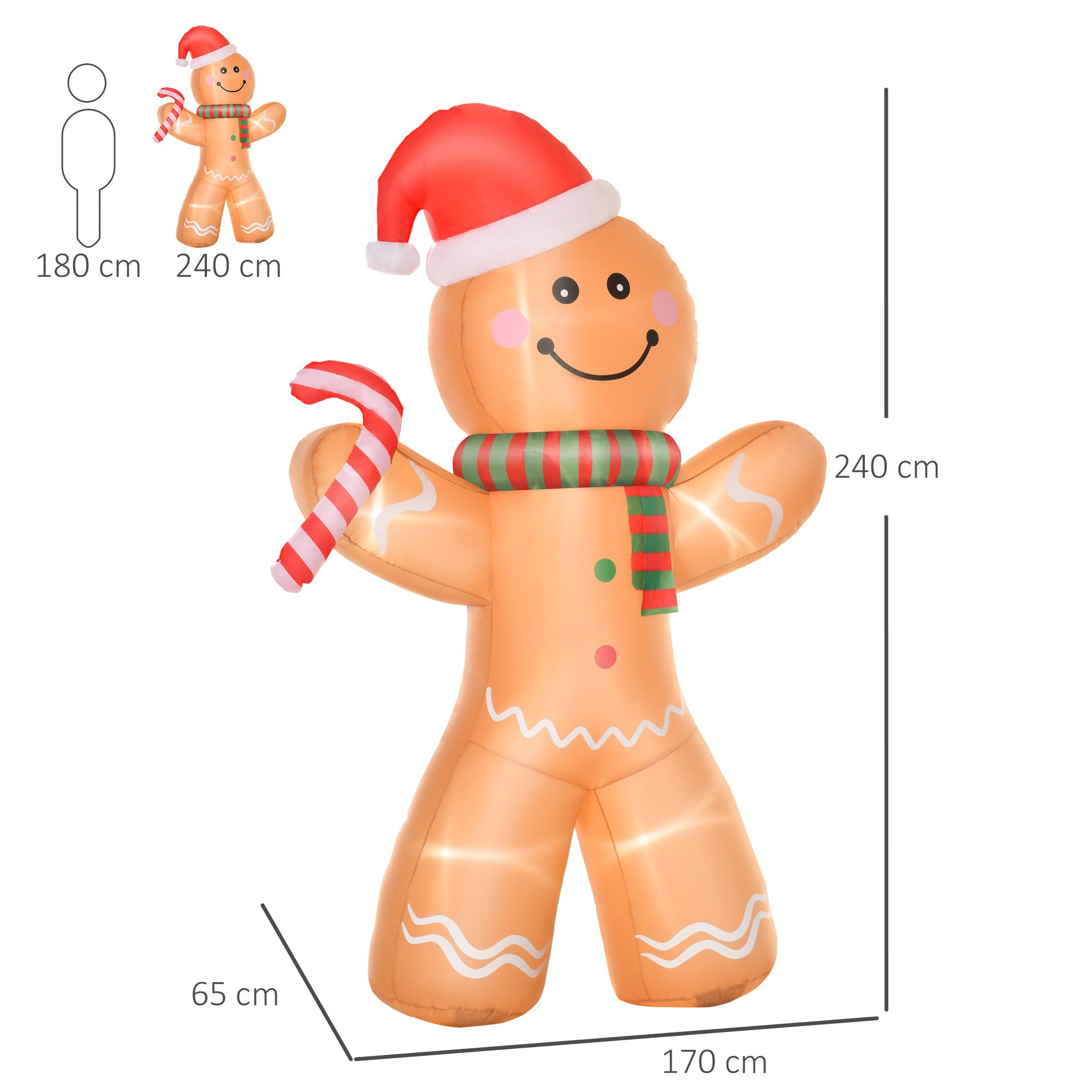 HOMCOM Weihnachtsfigur 2,4 m Weihnachtsdekoration mit Lichtern (Weihnachten Gärten Dekoration, Gelb), Aufblasbarer Lebkuchenmann