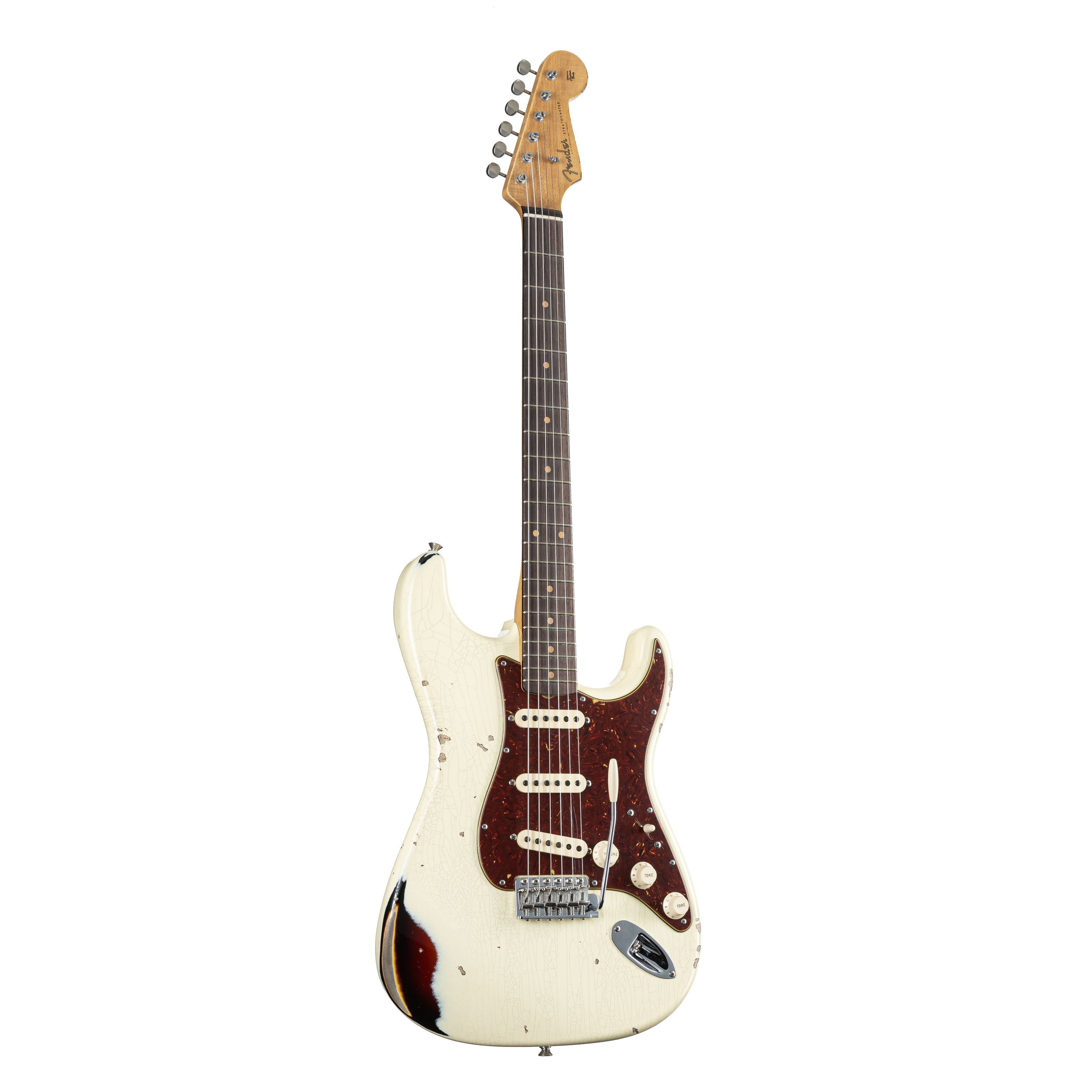 Fender E-Gitarre, E-Gitarren, Premium-Instrumente, 1960 Stratocaster Relic/Closet Classic RW Vintage White 3-Color