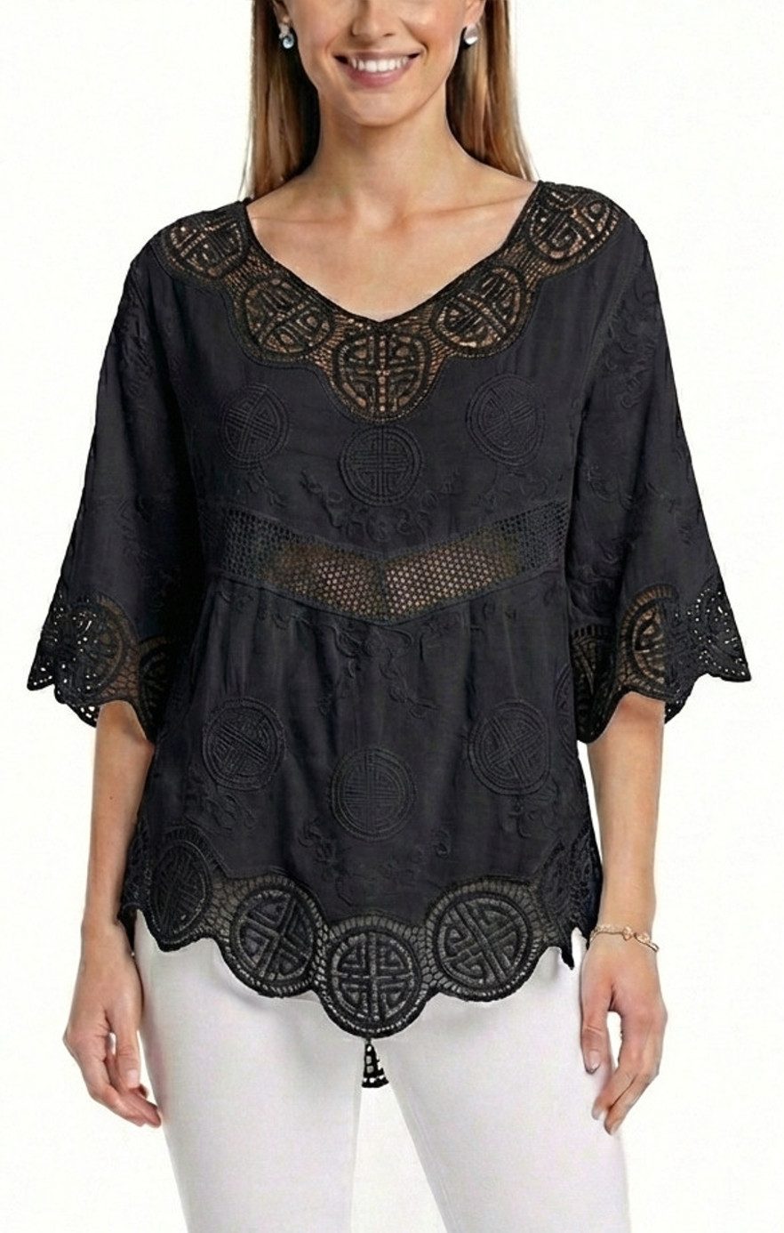 dy_mode Tunika Damen Tunika 3/4 Arm mit Spitze – Leichte Baumwoll Bluse für Sommer mit Häkel-Einsätzen - leicht transparent