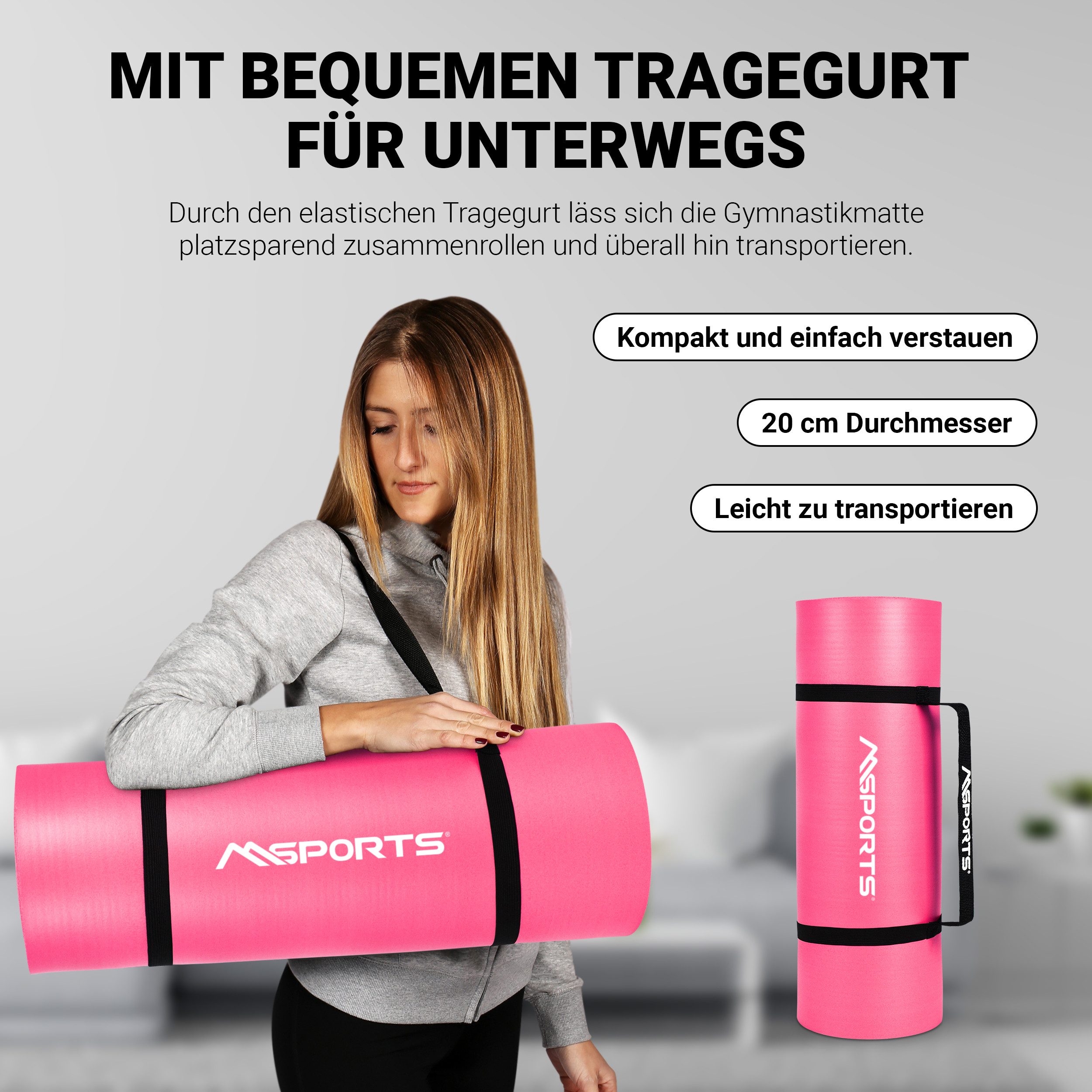 MSports® Gymnastikmatte Yogamatte inkl. Tragegurt + Poster + Workout App
