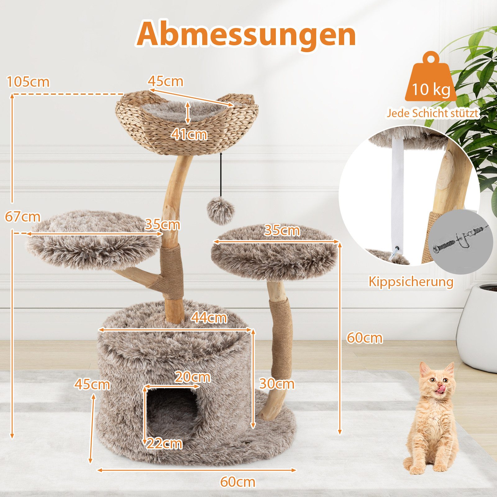 COSTWAY Kratzbaum, Katzenbaum mit Plüschsitz, Katzenhöhle, Massivholz, 105cm hoch
