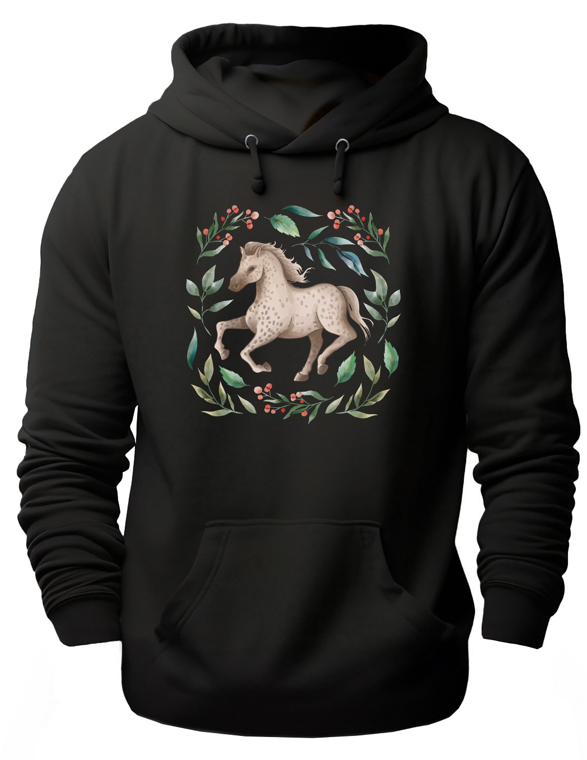 MyDesign24 Hoodie Pferde Kapuzen Pulli - Pferd im Blumenkranz Herren und Damen Kapuzensweater mit Pferde Print i161