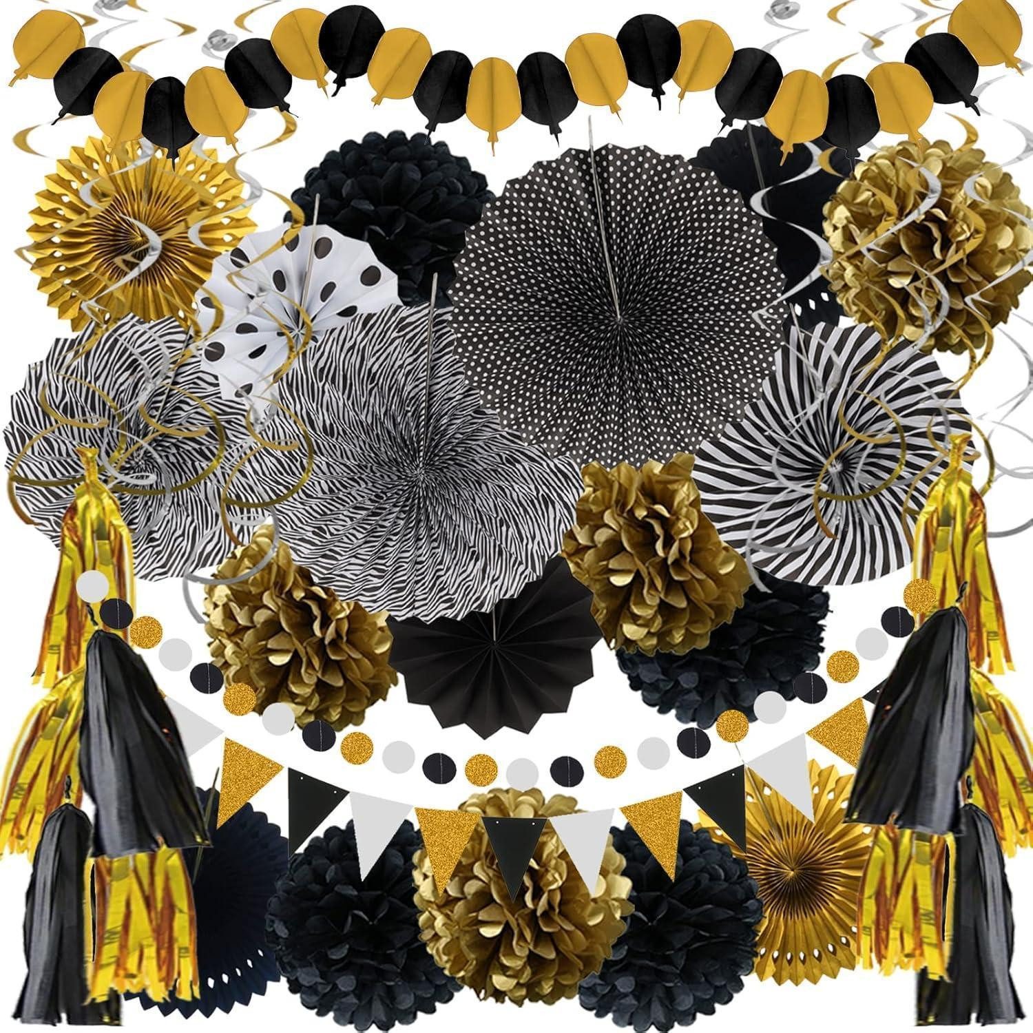 LuxusKollektion Girlande 41-teiliges Schwarz Gold Party Deko Set - Papier Pompoms, Girlande