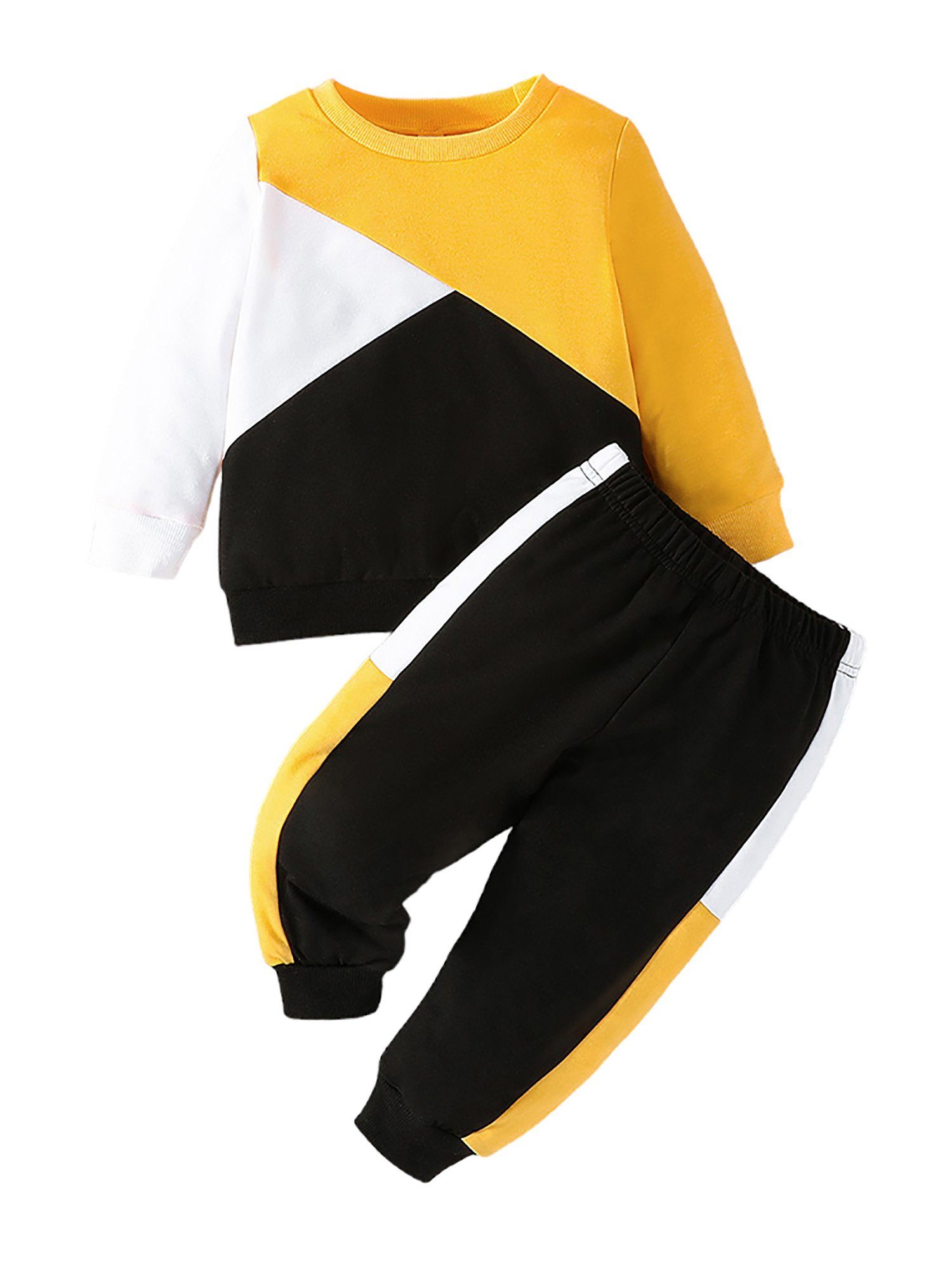 für & und Top Hosen (2-tlg) modisch Kontrastfarben Trainingsanzüge Gelb Lapastyle Jungen, Oberteile Hose Langarmanzüge, lässige