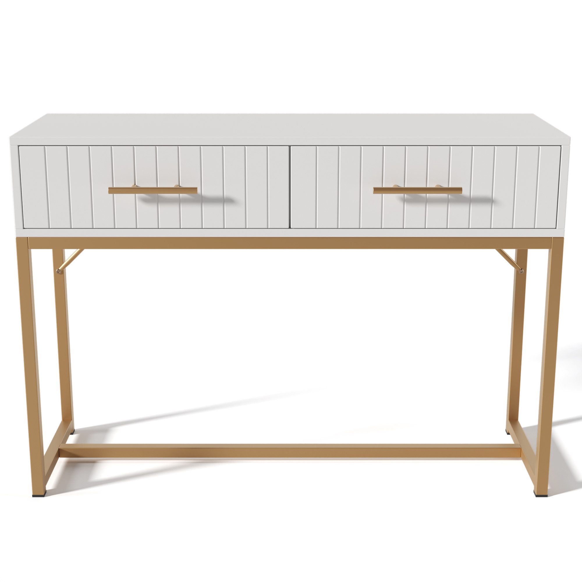 MODFU Schminktisch mit 2 Schubladen, moderner goldfarbenen Griffen und Metallsockel (100x45x75cm, Design mit dekorativen Rippen), 57,5 cm Bodenfreiheit