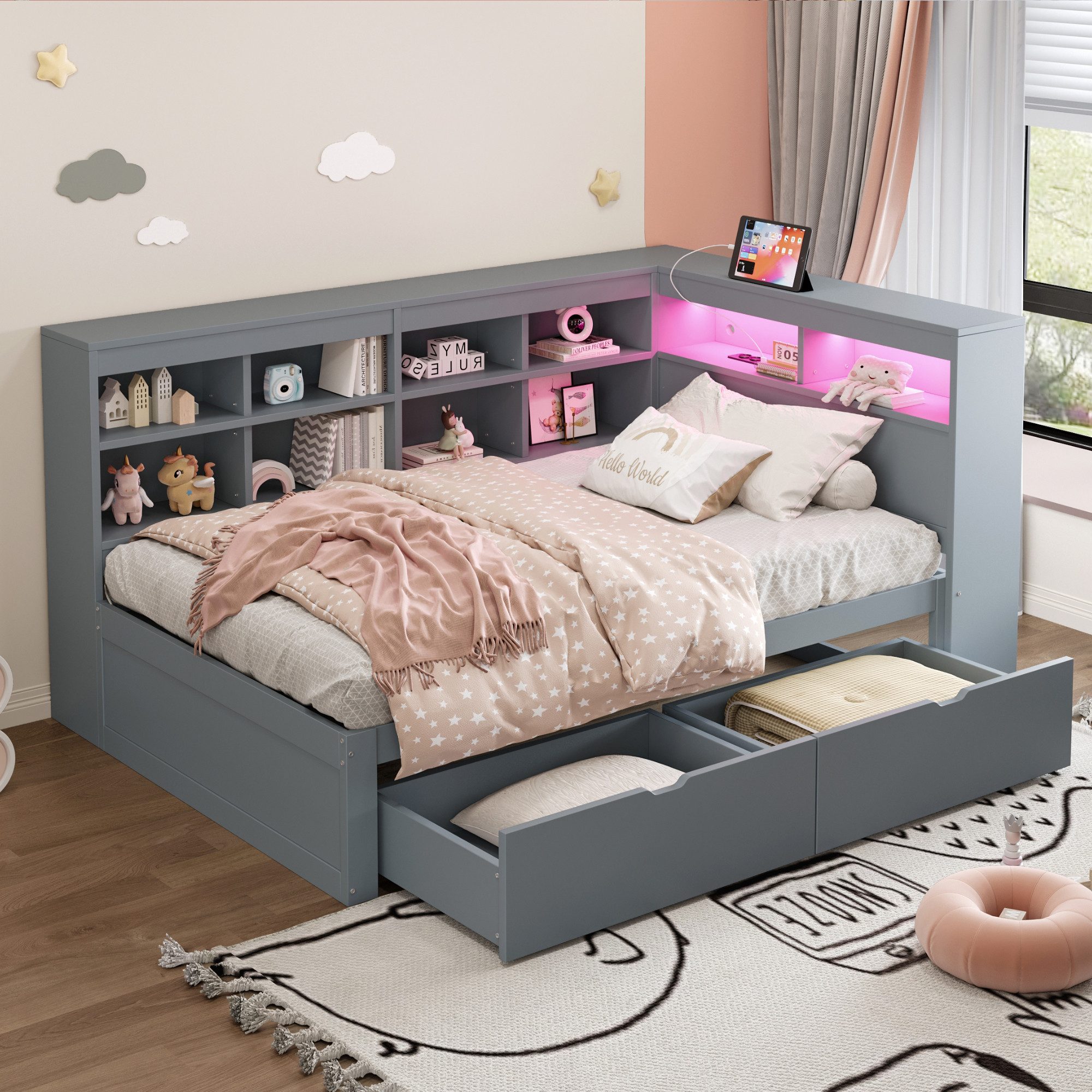 BlingBin Schlafsofa Holz-Tagesbett 90x200 cm, Funktionsbett mit Stauraum, Holzbett 1 Teile, mit Regalen, 2 Schubladen, USB-Steckdose und LED-Lichtleiste